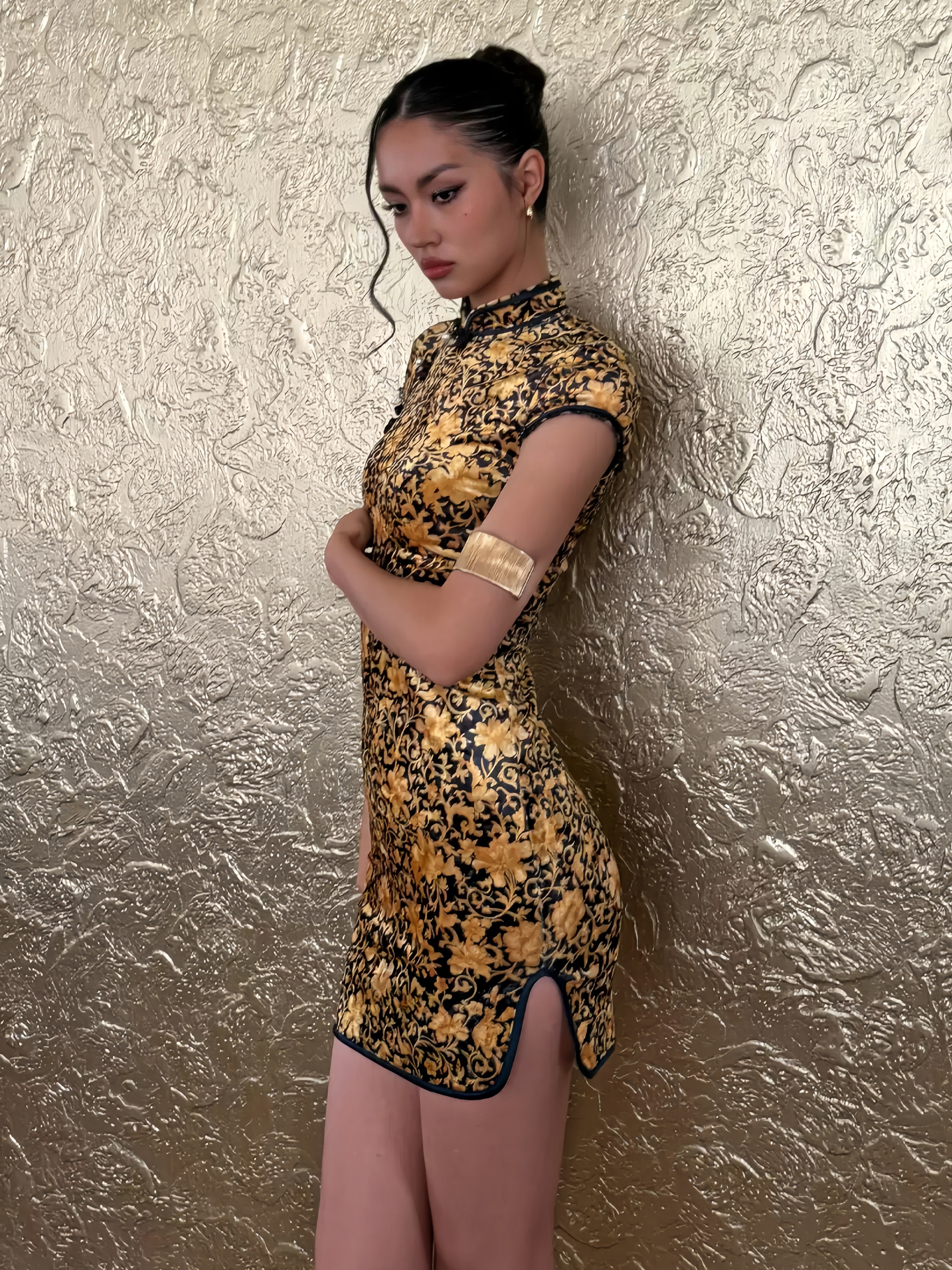 Black and Gold Lace Chinese-Style Mini Qipao Dress