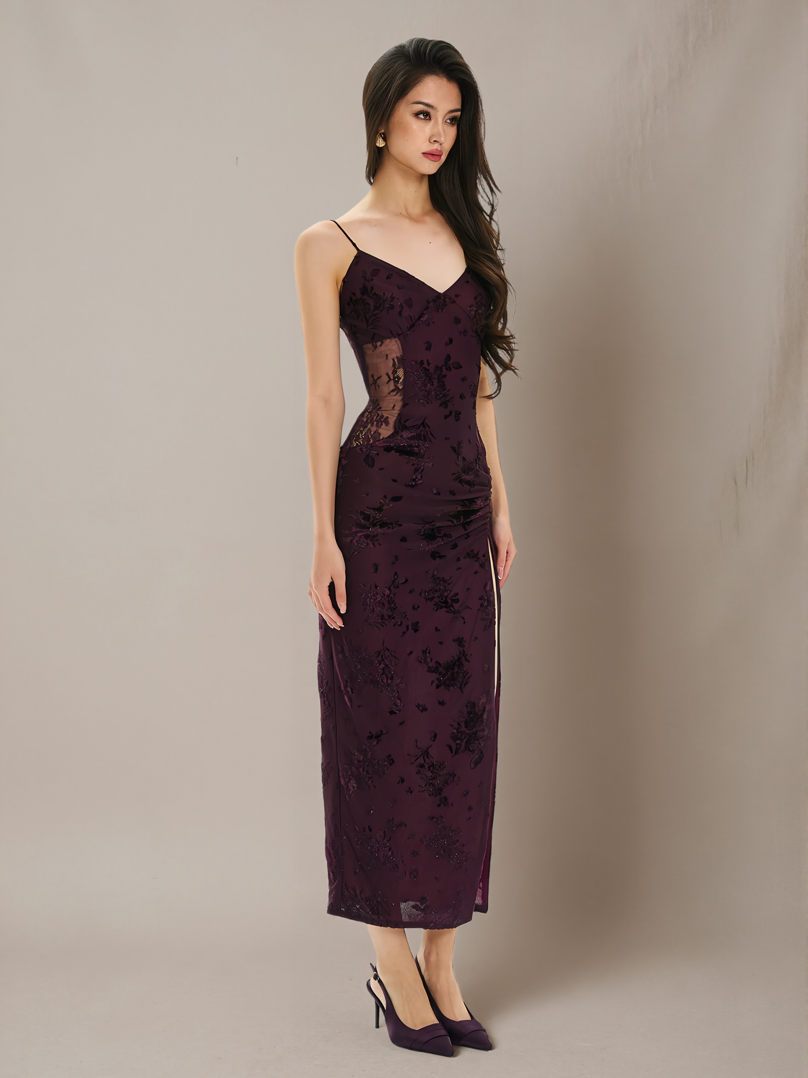 Lace-Panel Slit Cami Dress