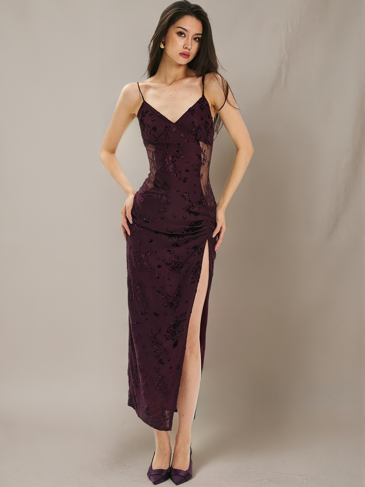 Lace-Panel Slit Cami Dress