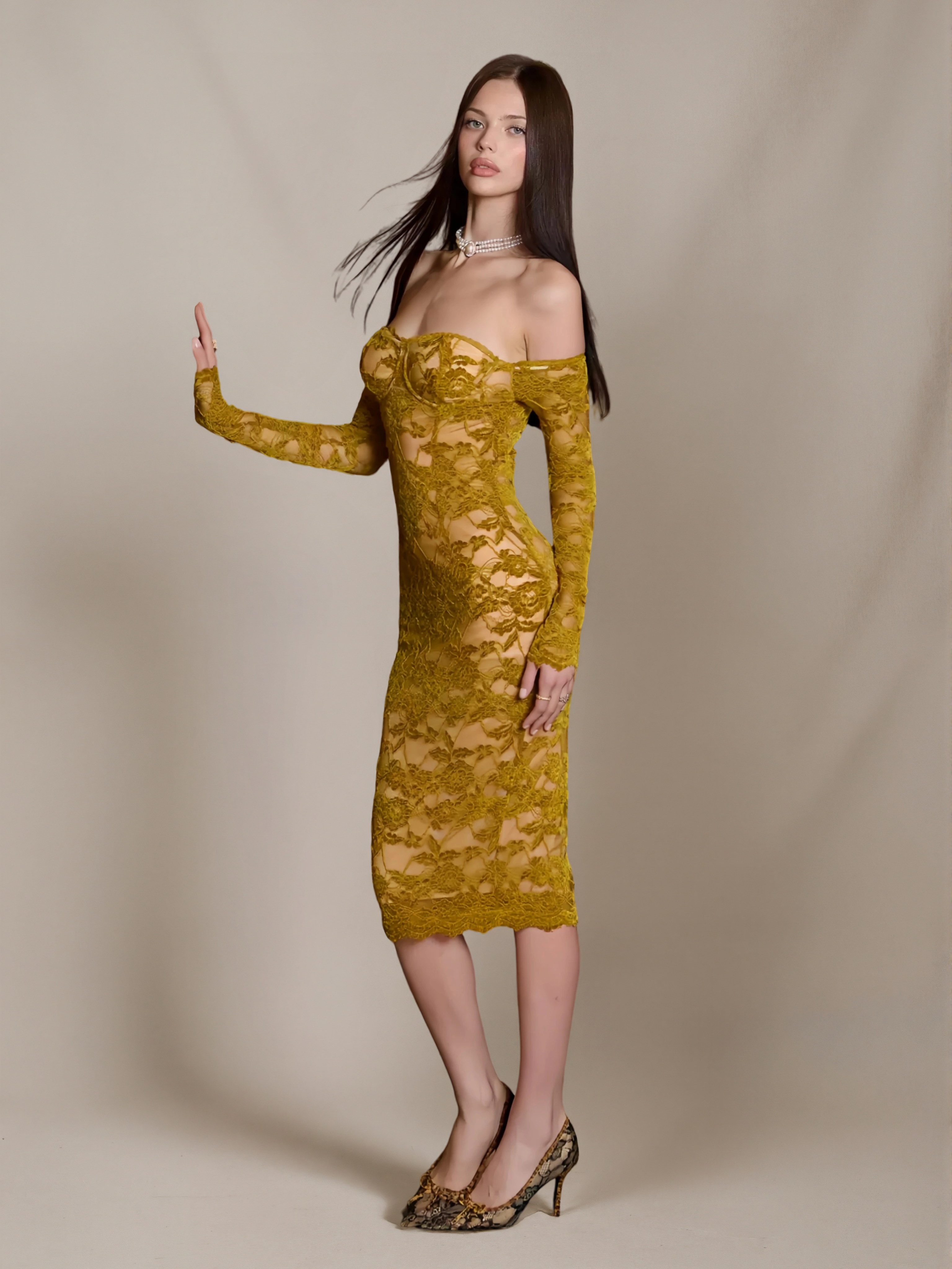 Lace Velvet Off-Shoulder Strapless Dress
