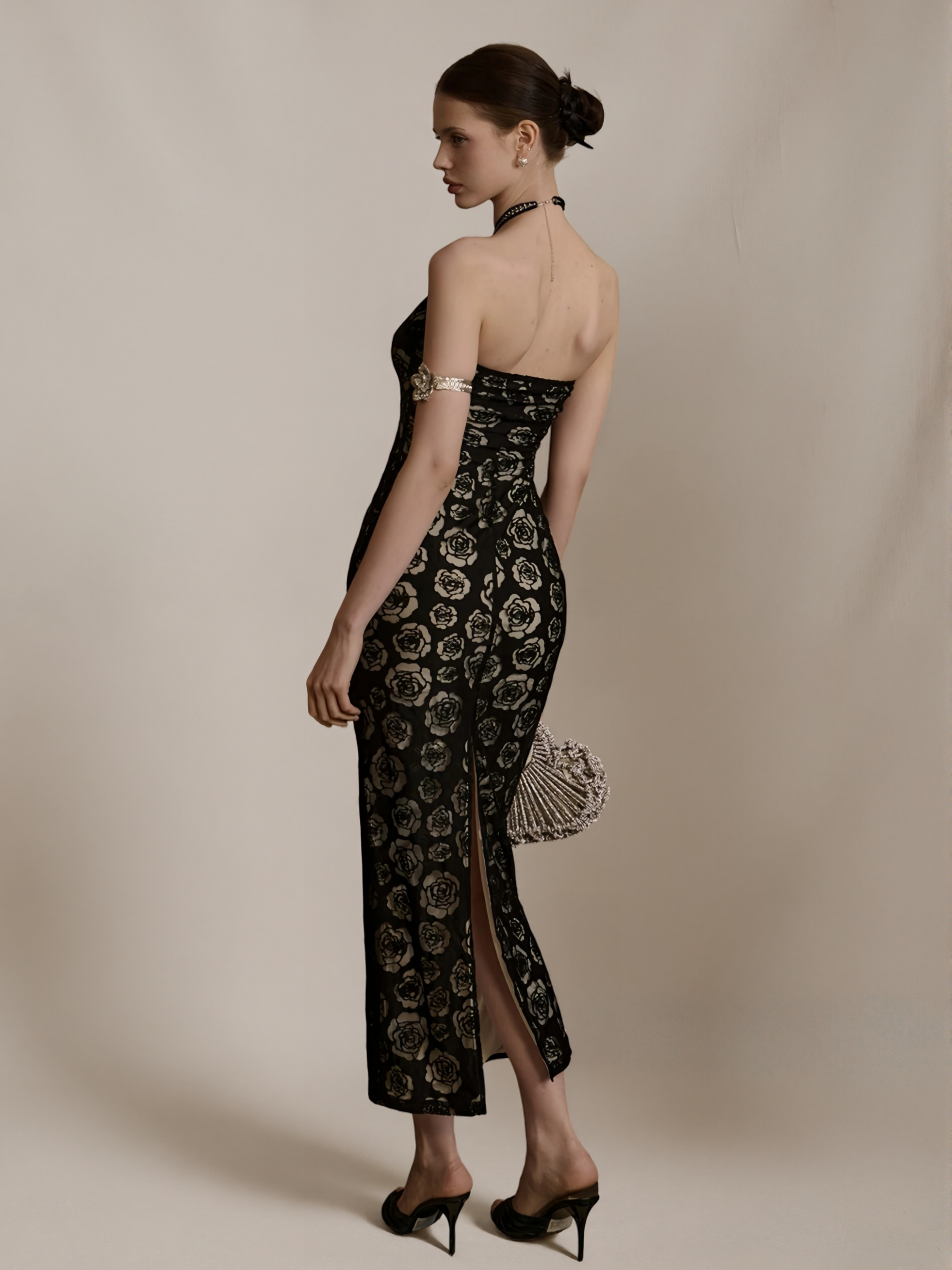 Camellia Pattern Halter Neck Strapless Qipao Dress