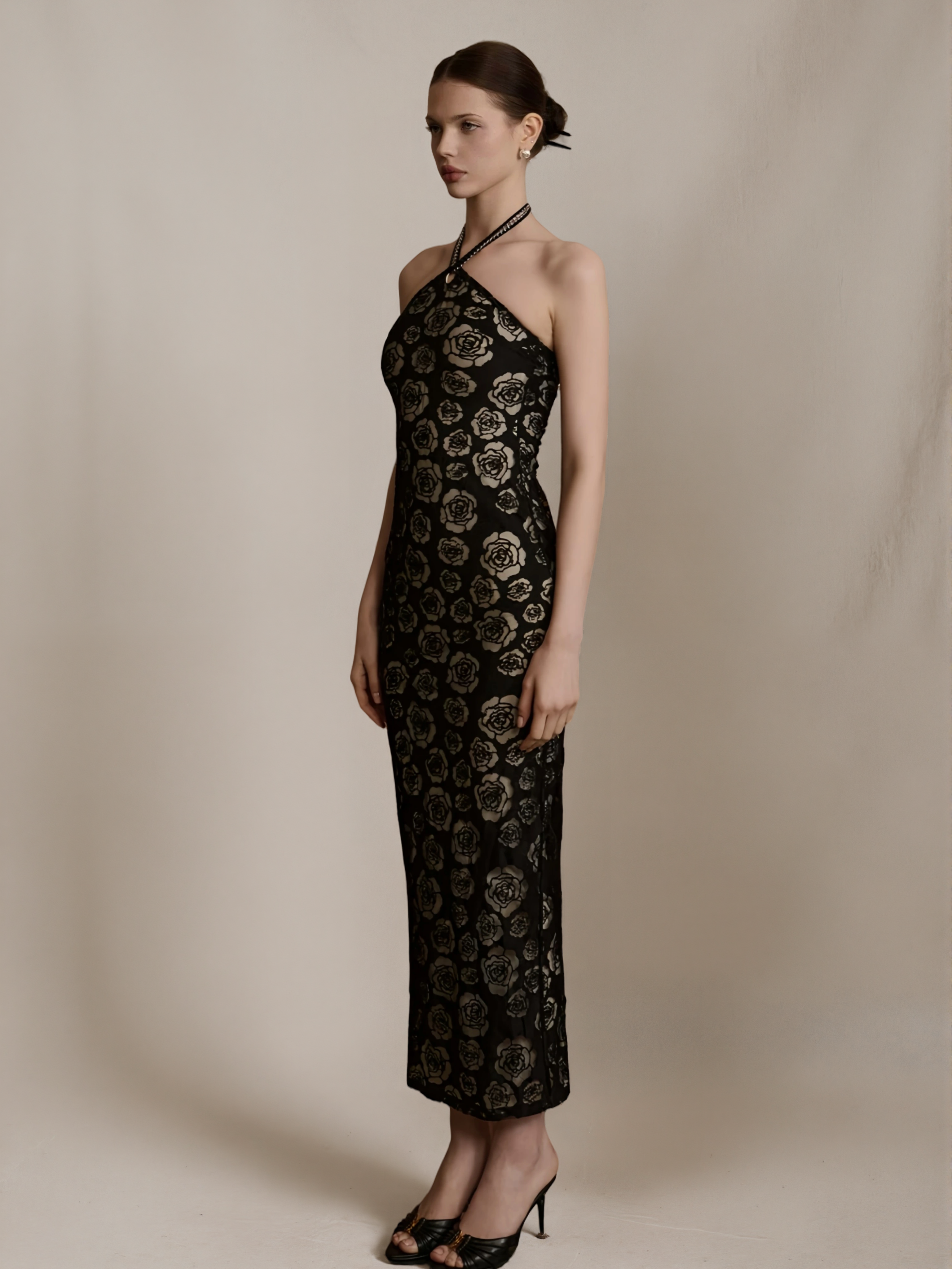 Camellia Pattern Halter Neck Strapless Qipao Dress