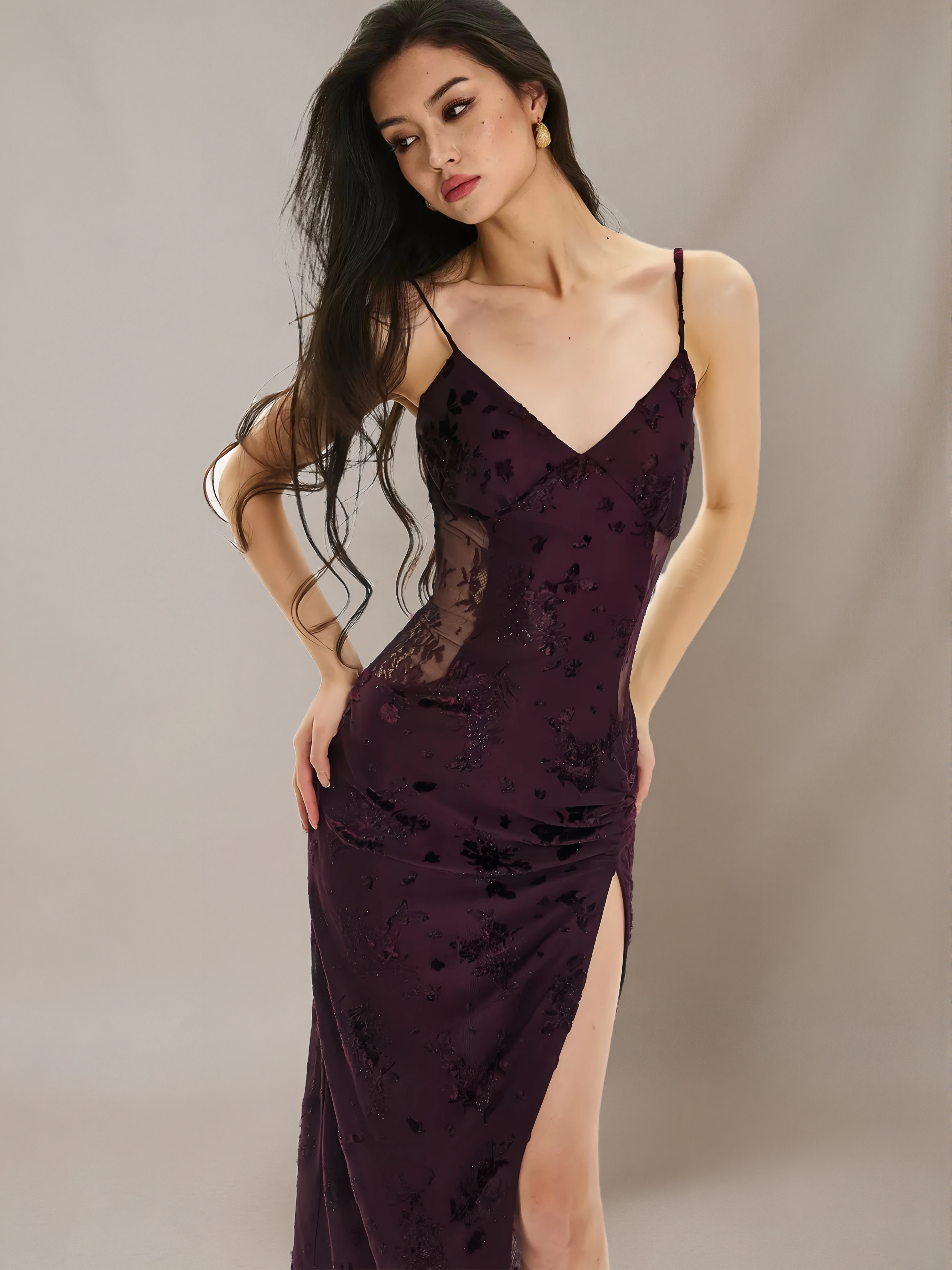 Lace-Panel Slit Cami Dress
