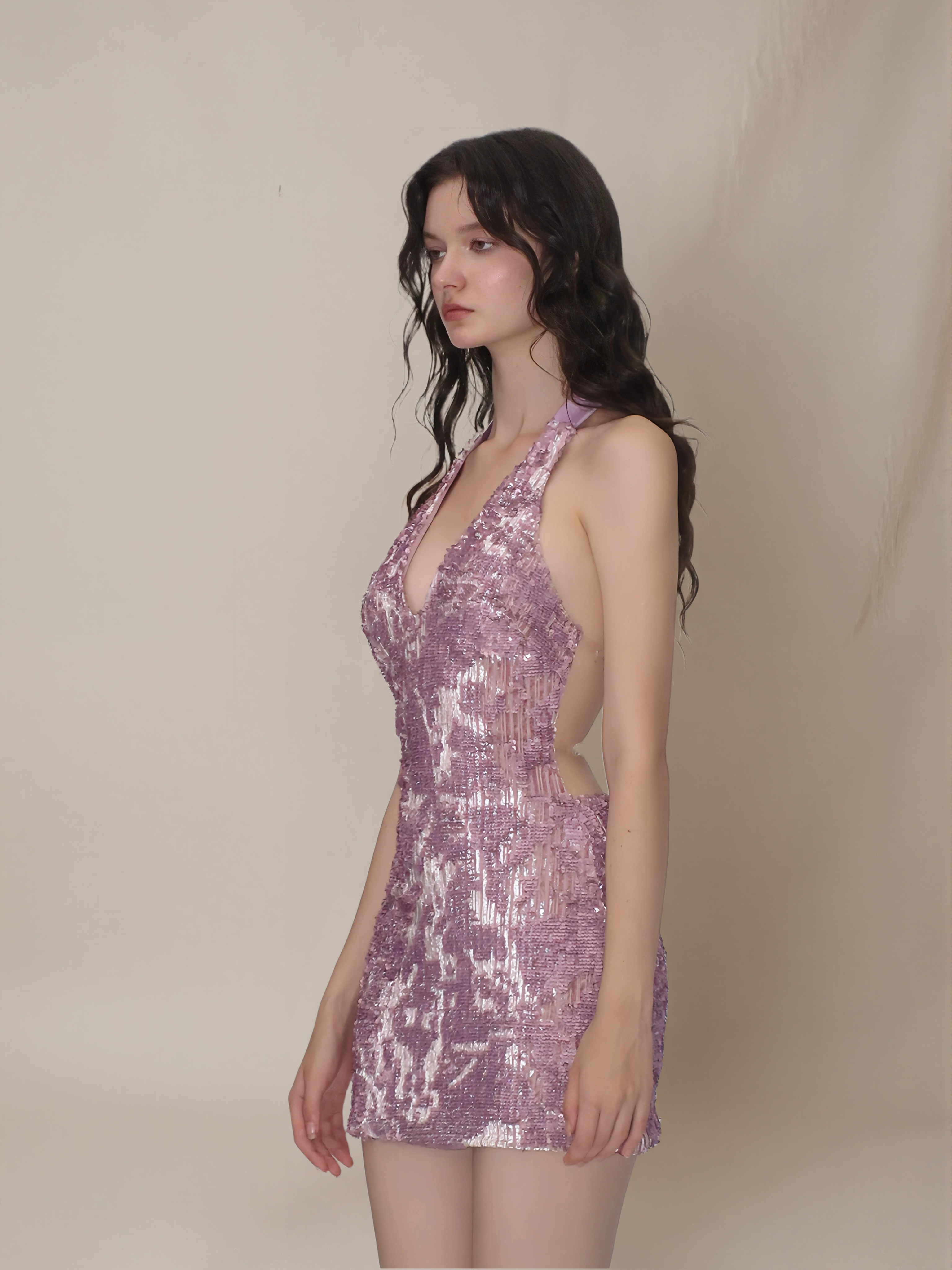 Velvet Sequin V-Neck Backless Mini Dress