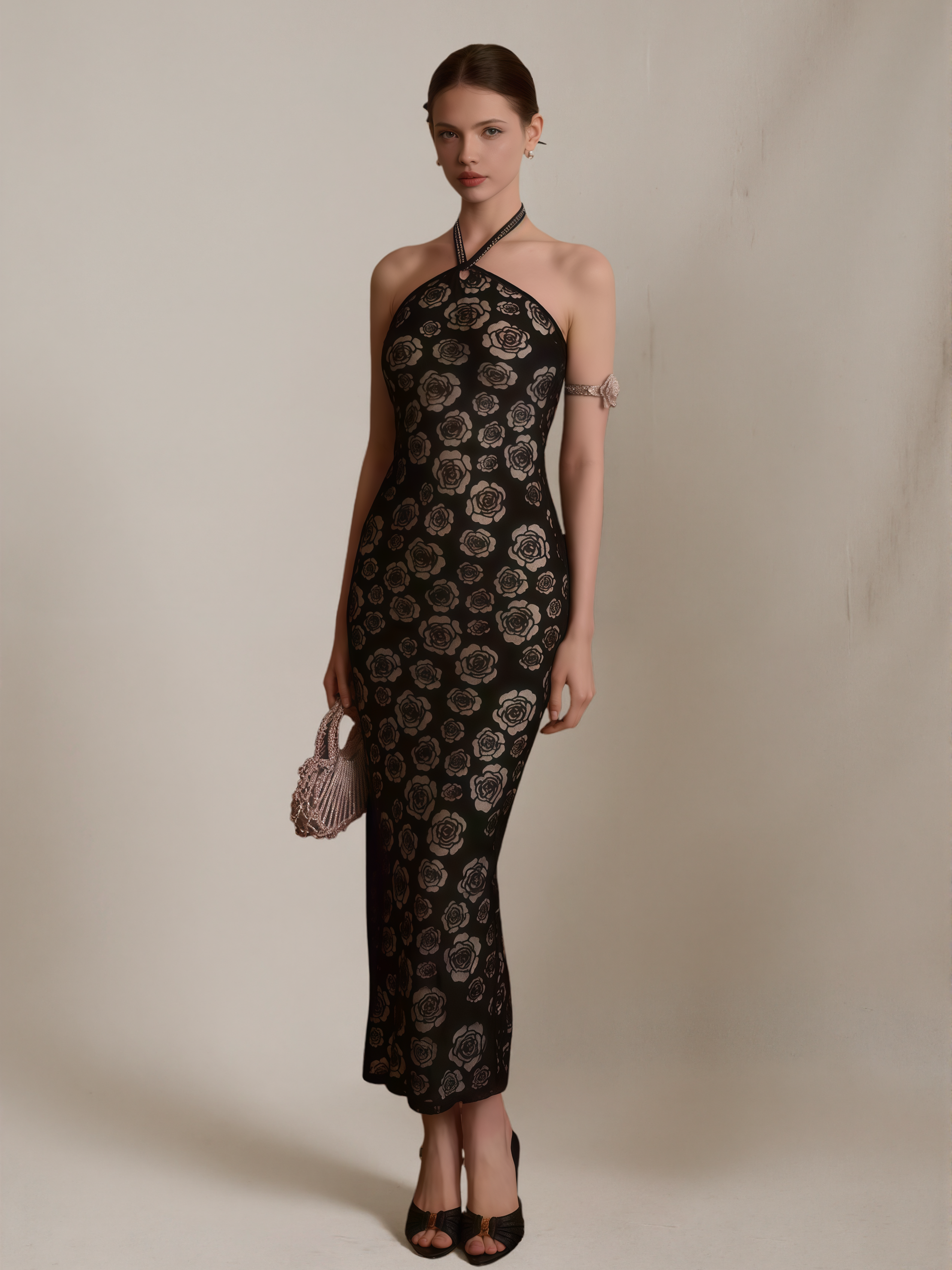 Camellia Pattern Halter Neck Strapless Qipao Dress