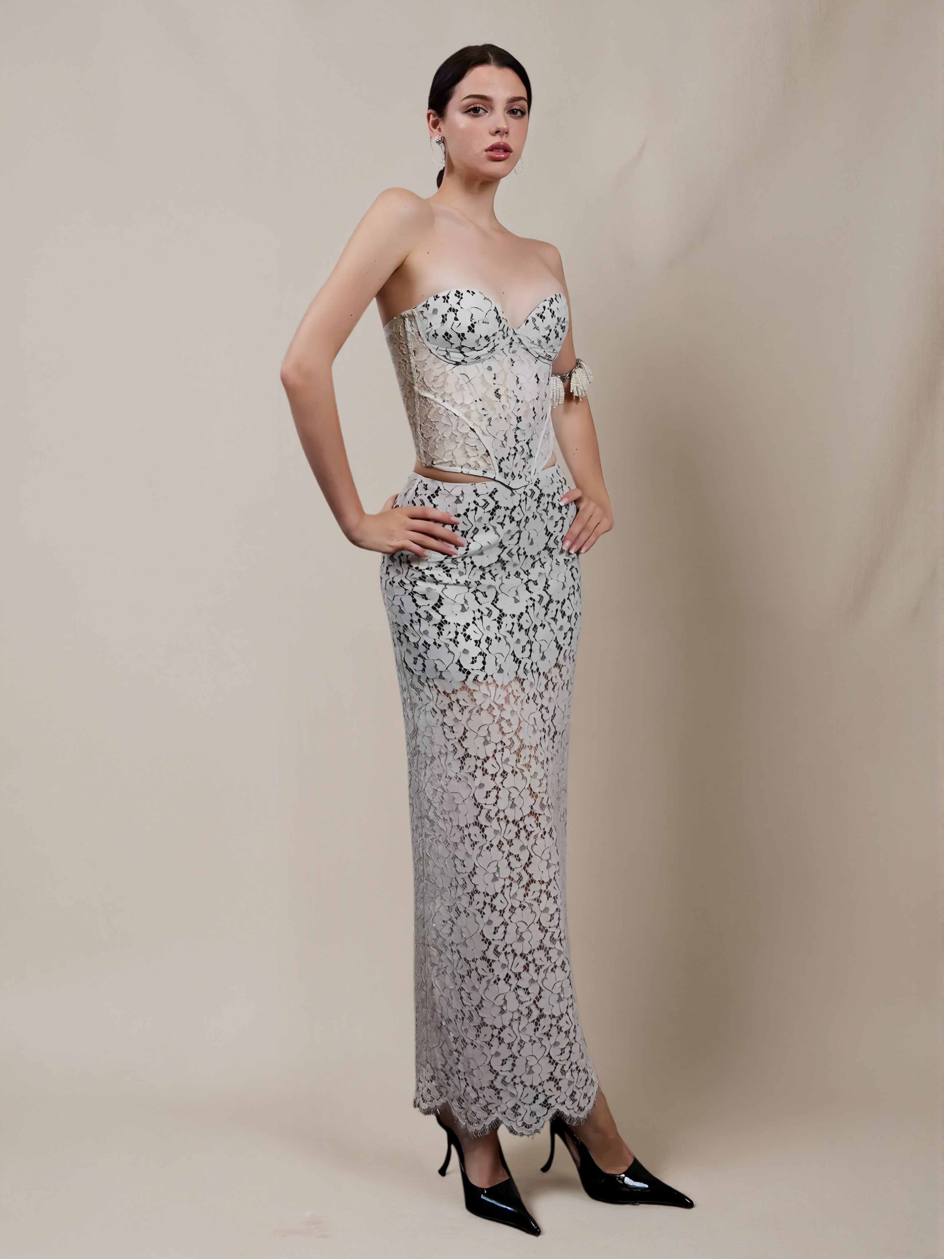 Lace Boned Strapless Two-Piece Dress