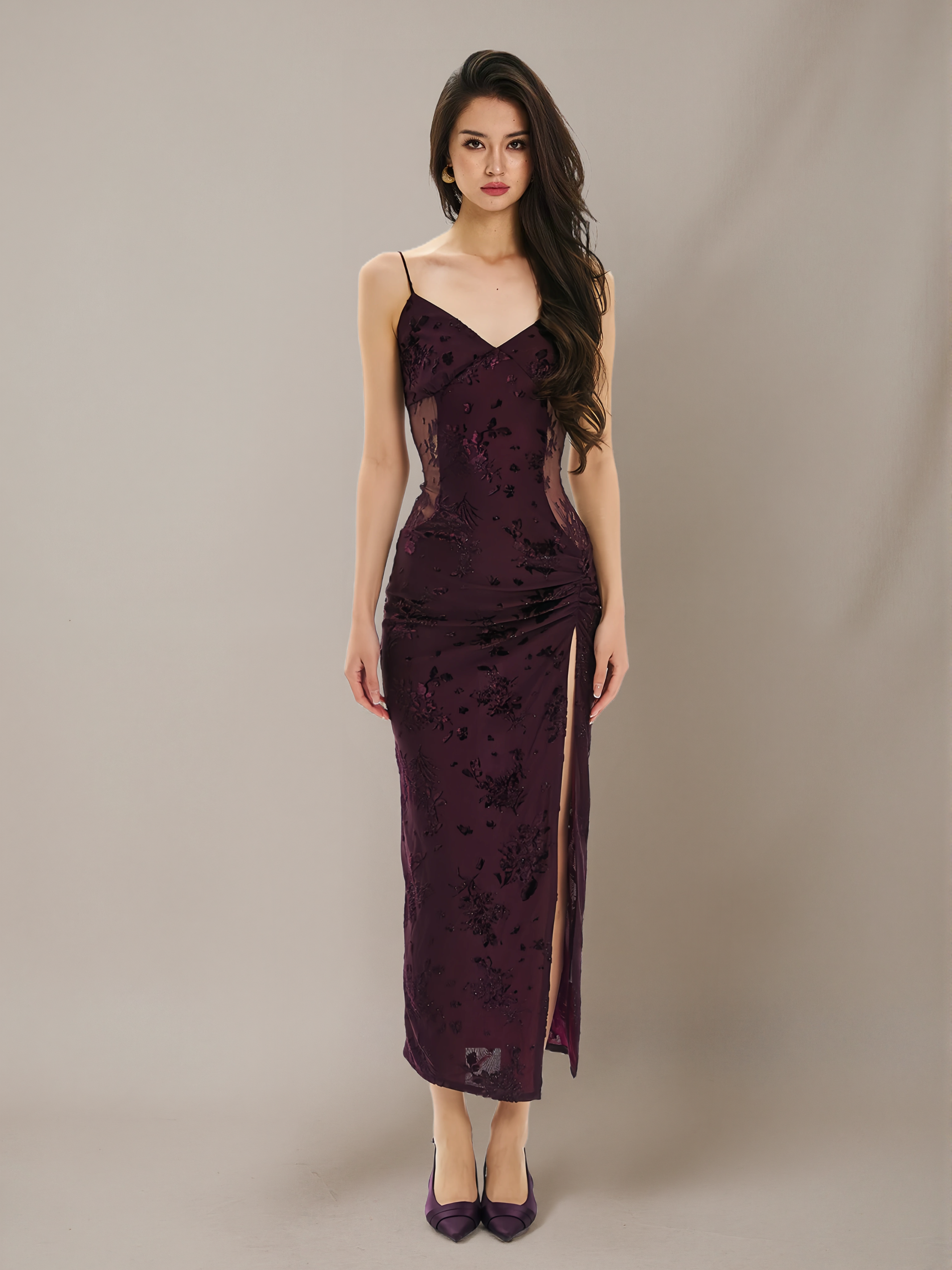 Lace-Panel Slit Cami Dress
