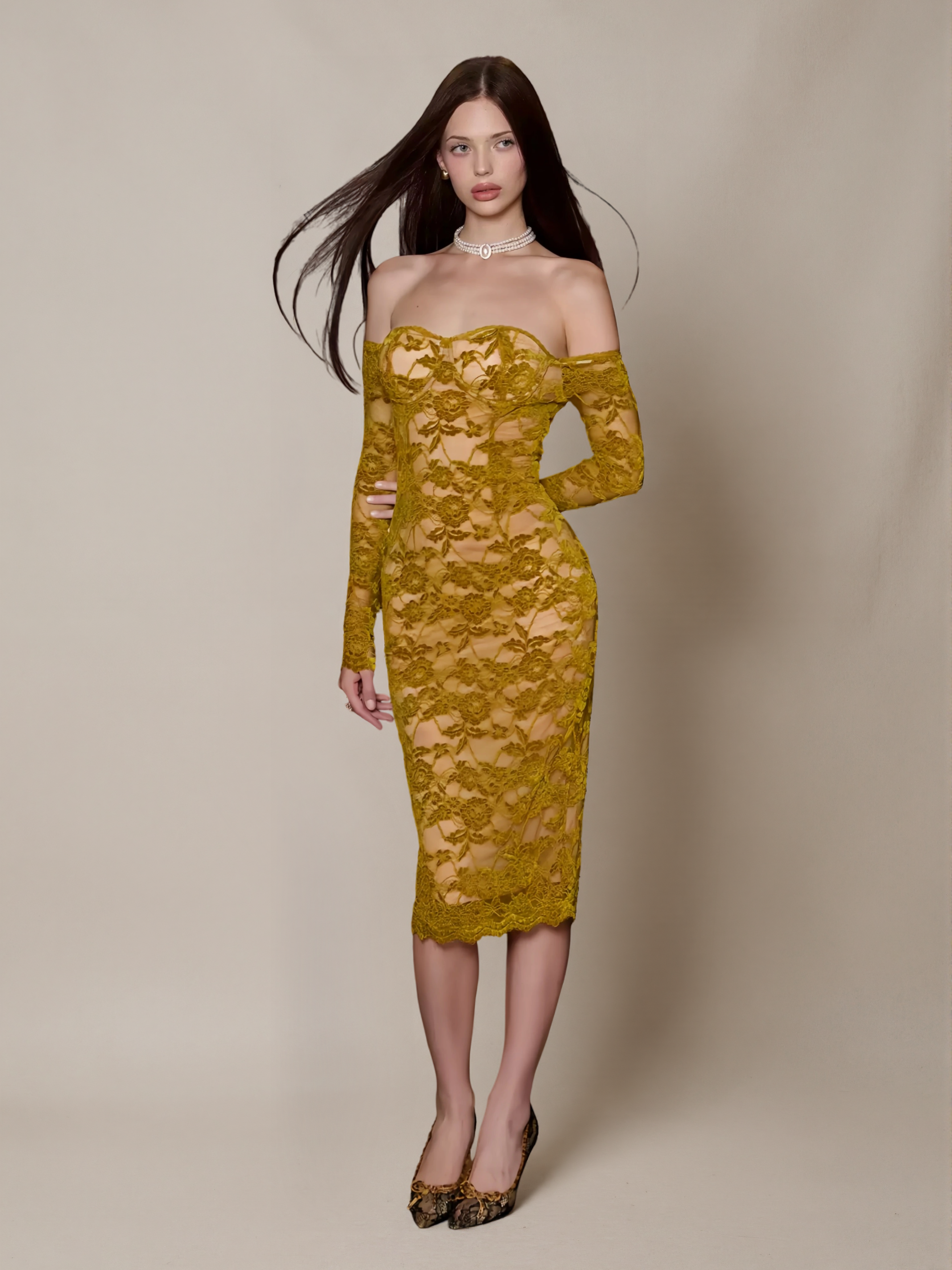 Lace Velvet Off-Shoulder Strapless Dress