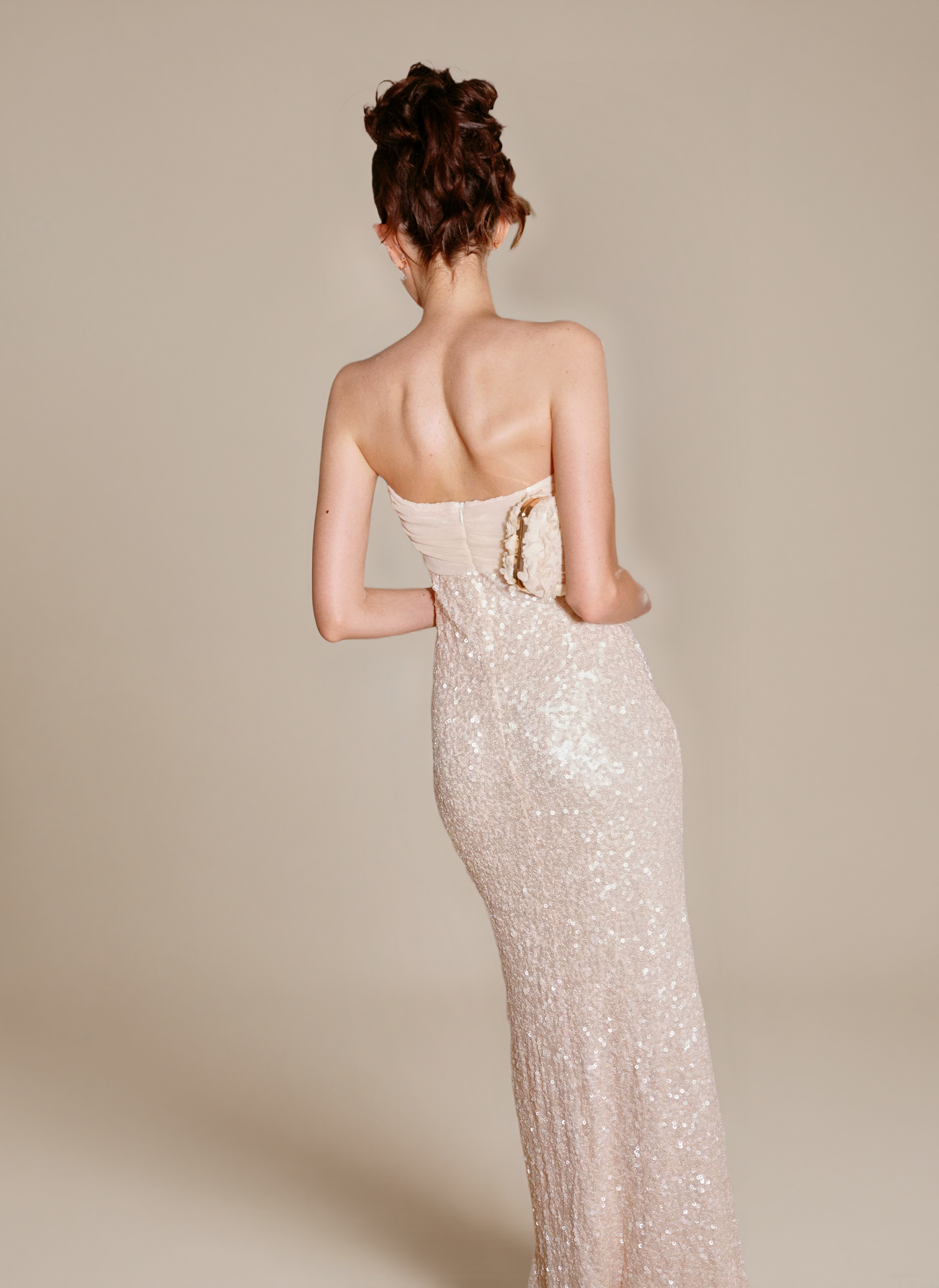 "Golden Veil Dream" Sequined Patchwork Strapless Cape Dress