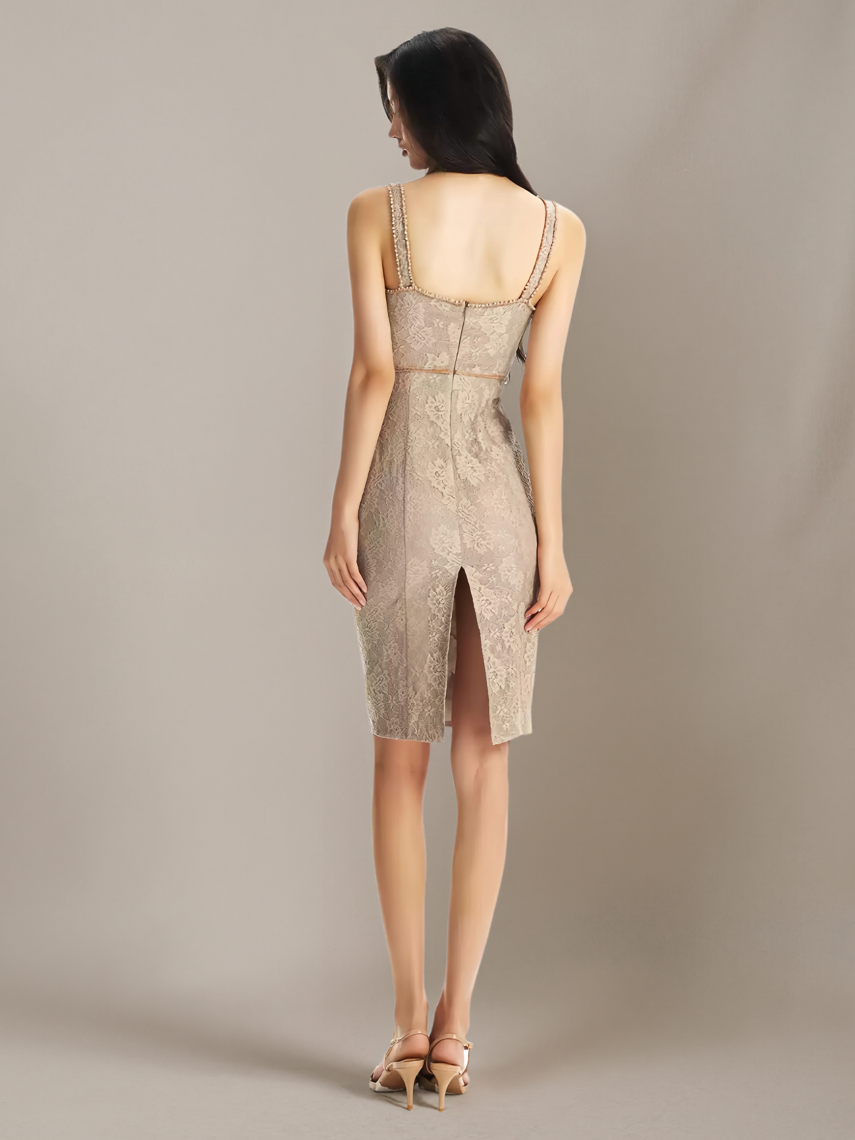 Beaded V-Neck Lace Fitted Dress