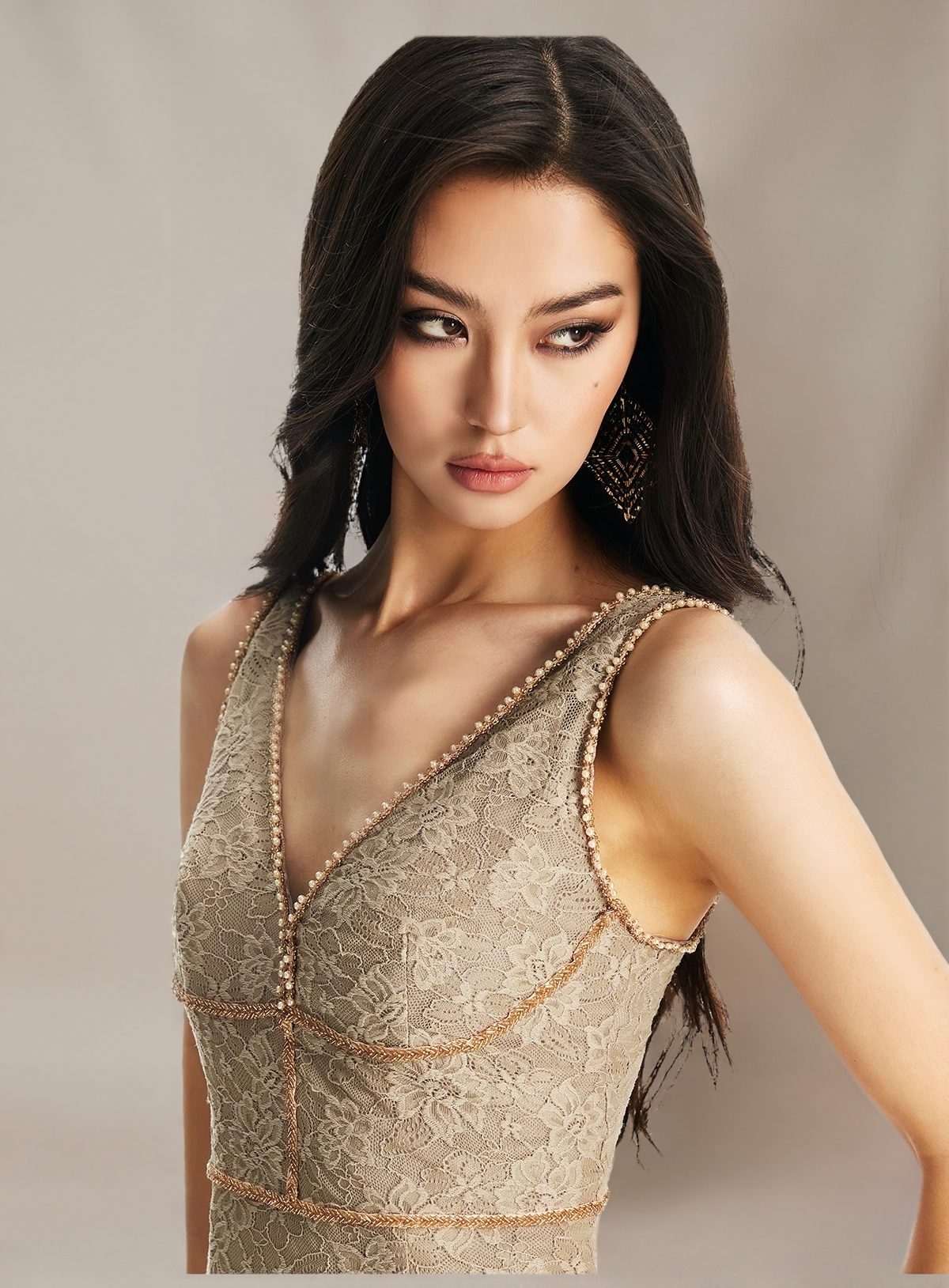 Beaded V-Neck Lace Fitted Dress