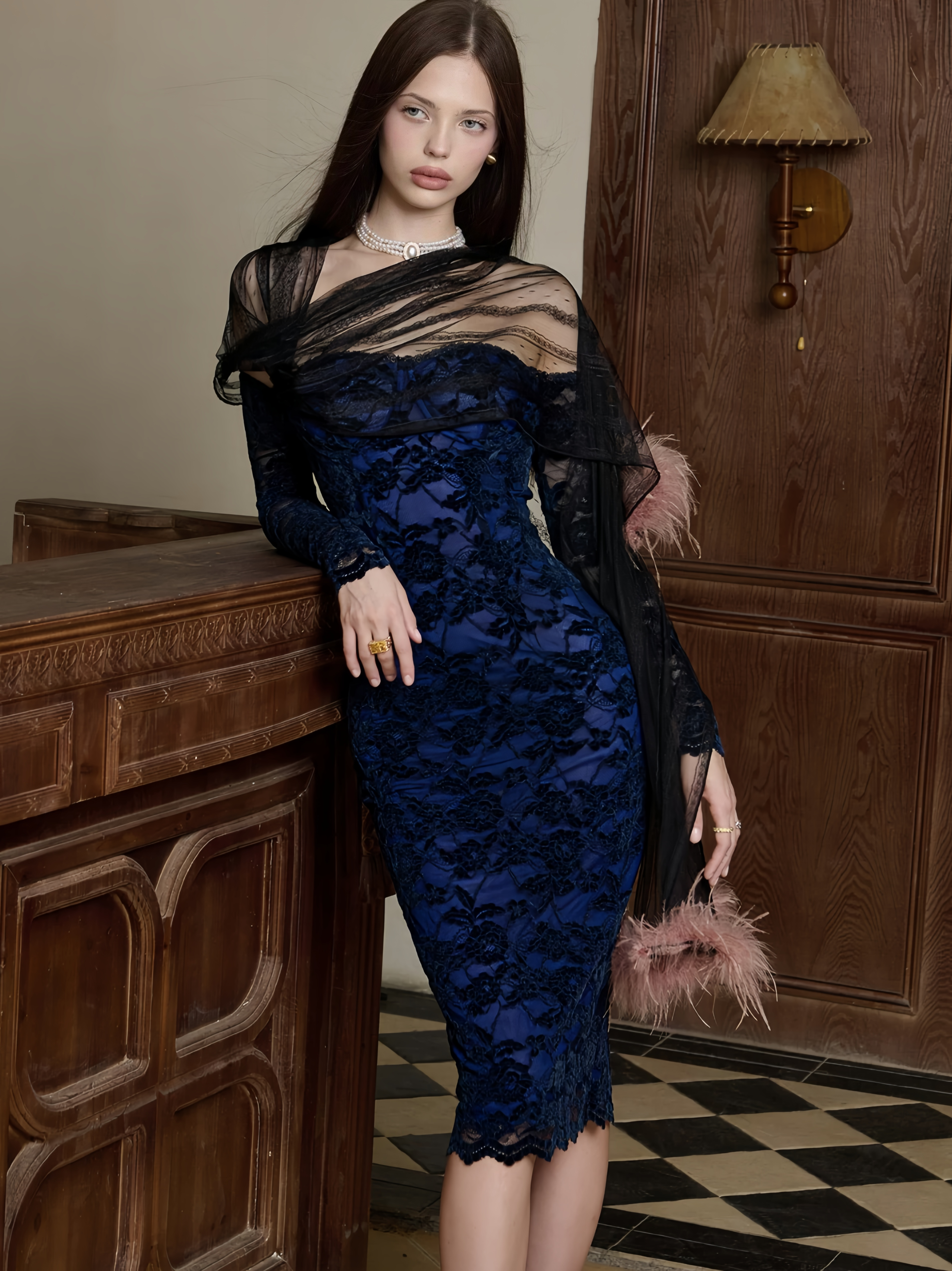 Lace Velvet Off-Shoulder Strapless Dress