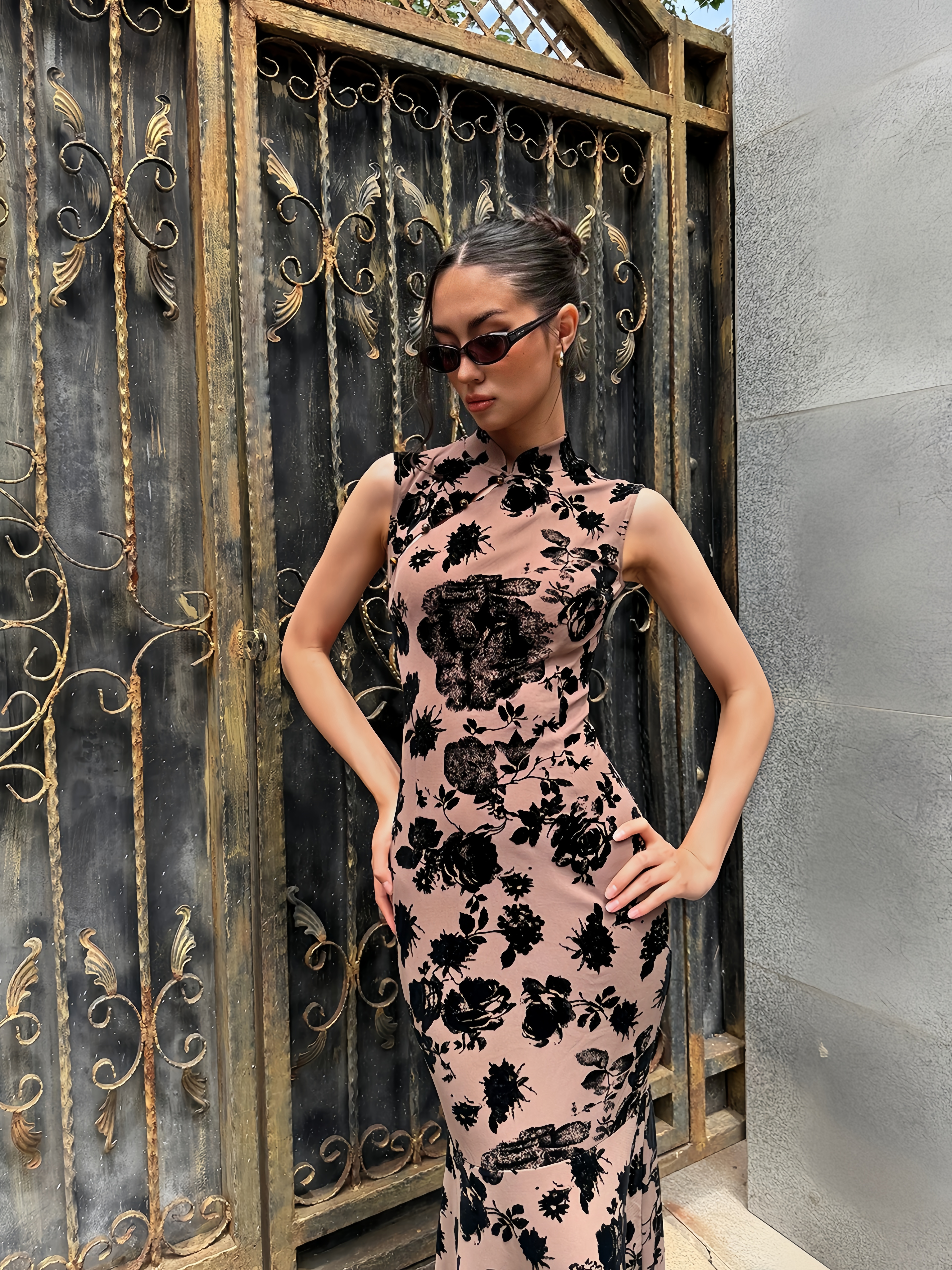 ‘Dark Brown Floral Shadow’Chinese-Style Flocked Qipao Dress
