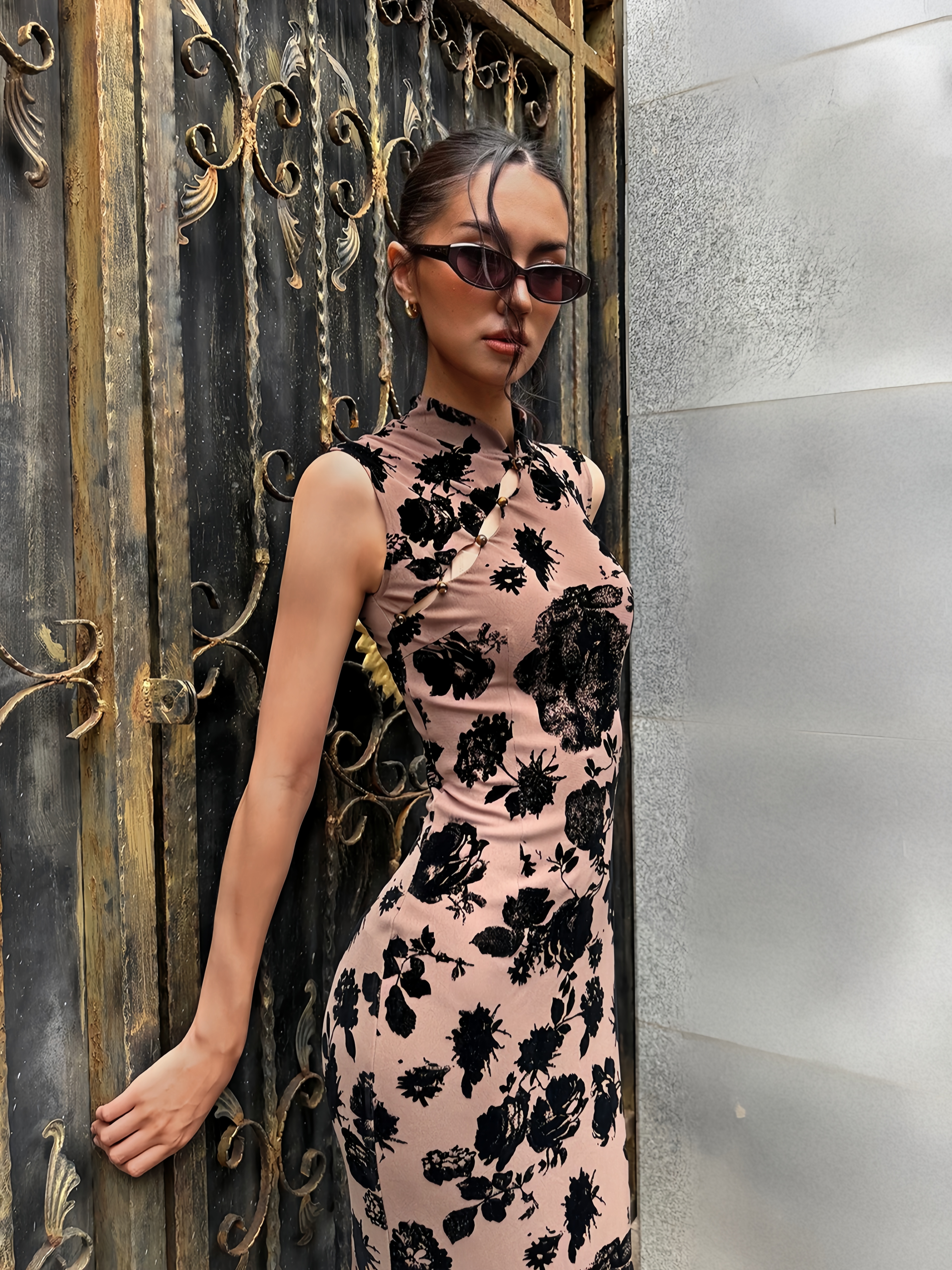 ‘Dark Brown Floral Shadow’Chinese-Style Flocked Qipao Dress