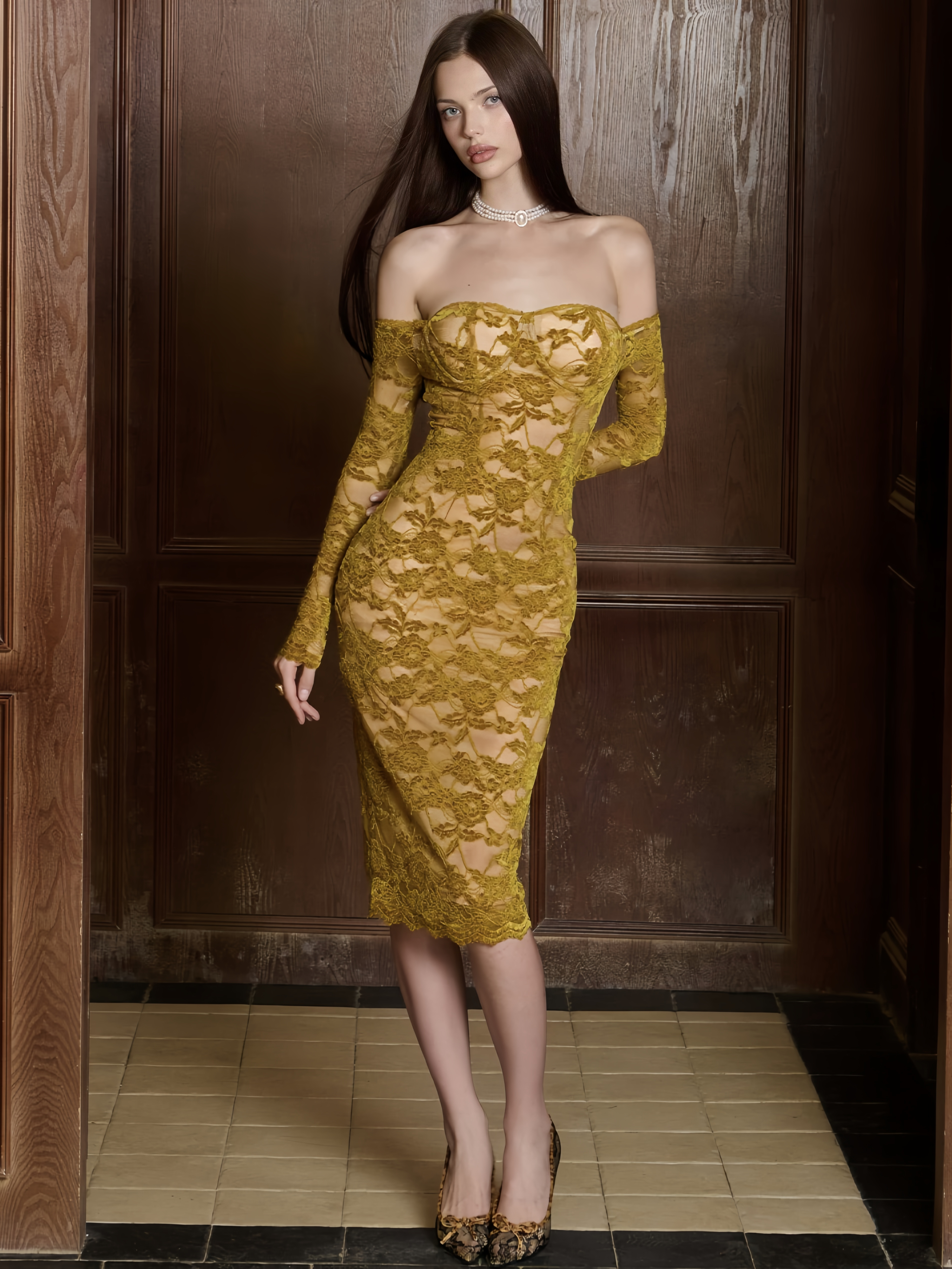 Lace Velvet Off-Shoulder Strapless Dress