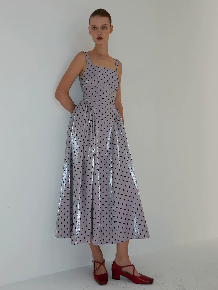 Square-Neck Flocked Polka Dot Dress