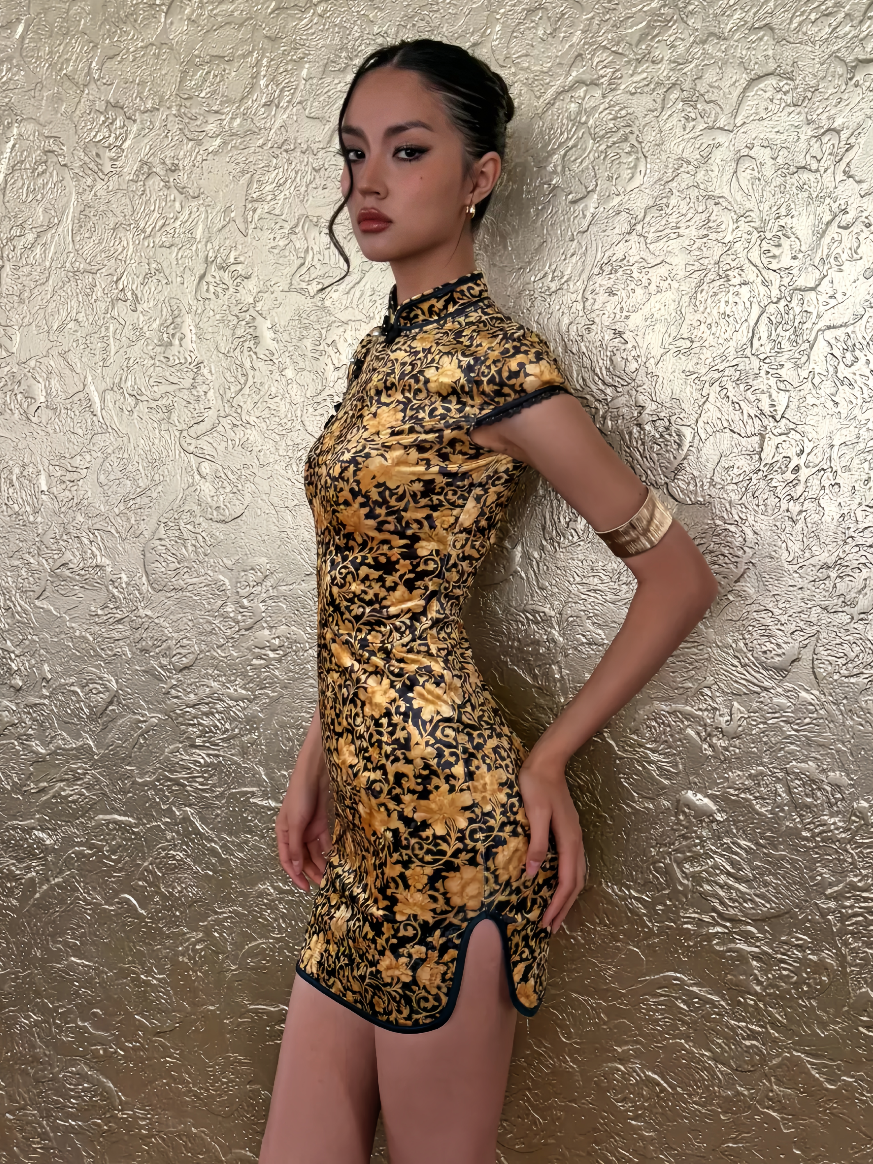 Black and Gold Lace Chinese-Style Mini Qipao Dress