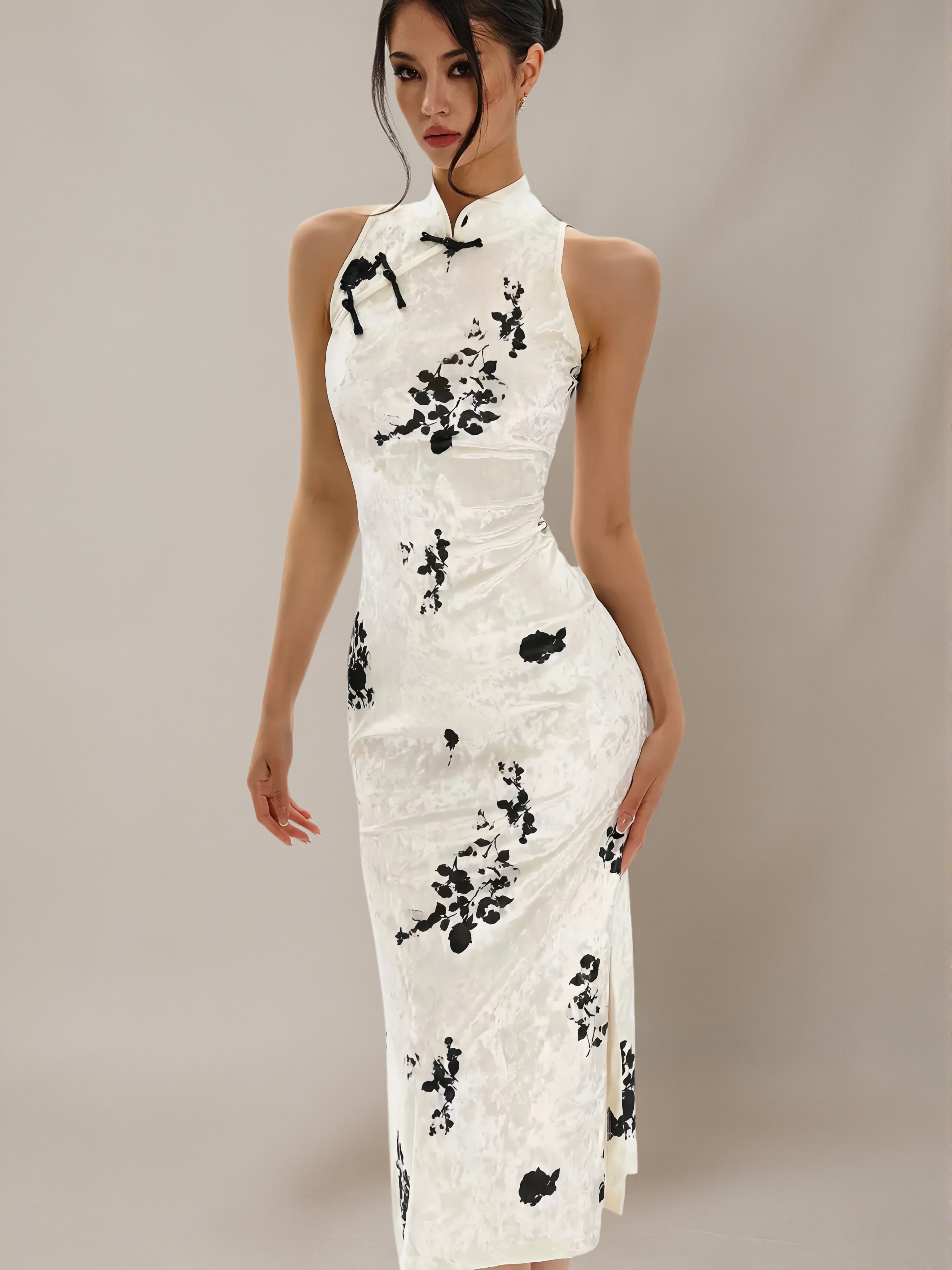 ‘Ink-Wash Jiangnan’ Velvet High Water Ink-Print Qipao Dress