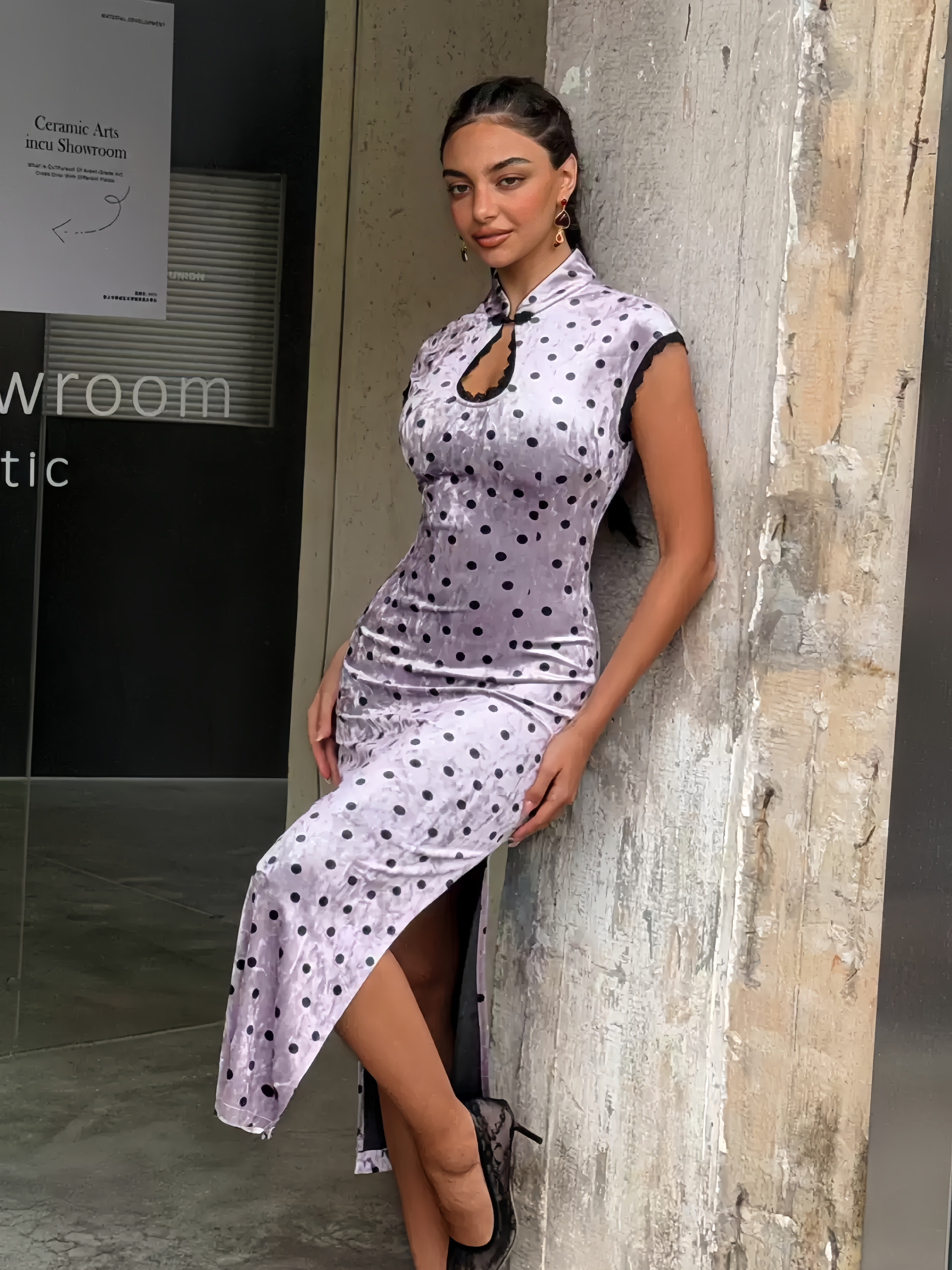 Backless Lace-Trimmed Velvet Polka Dot Qipao Dress