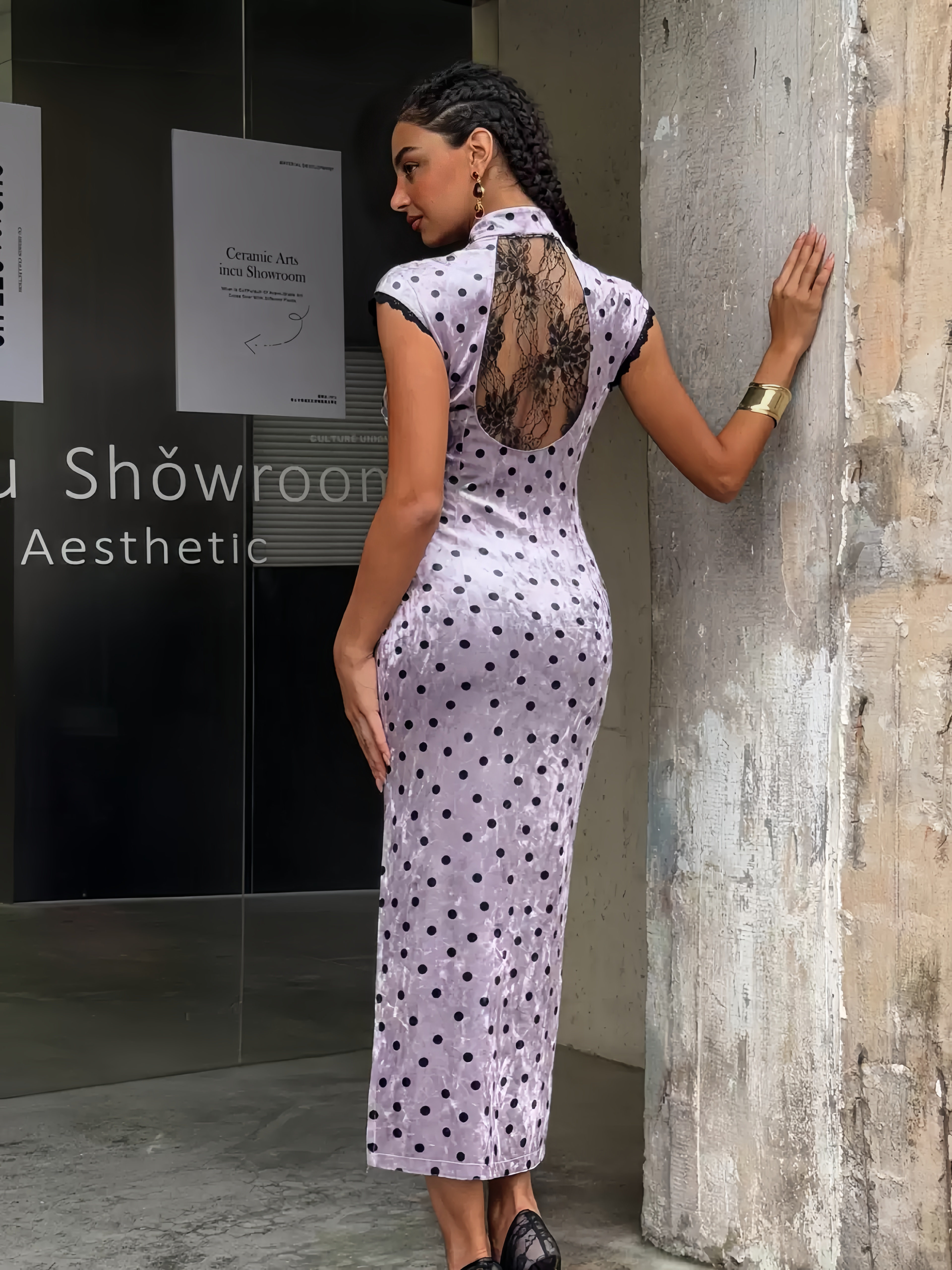 Backless Lace-Trimmed Velvet Polka Dot Qipao Dress
