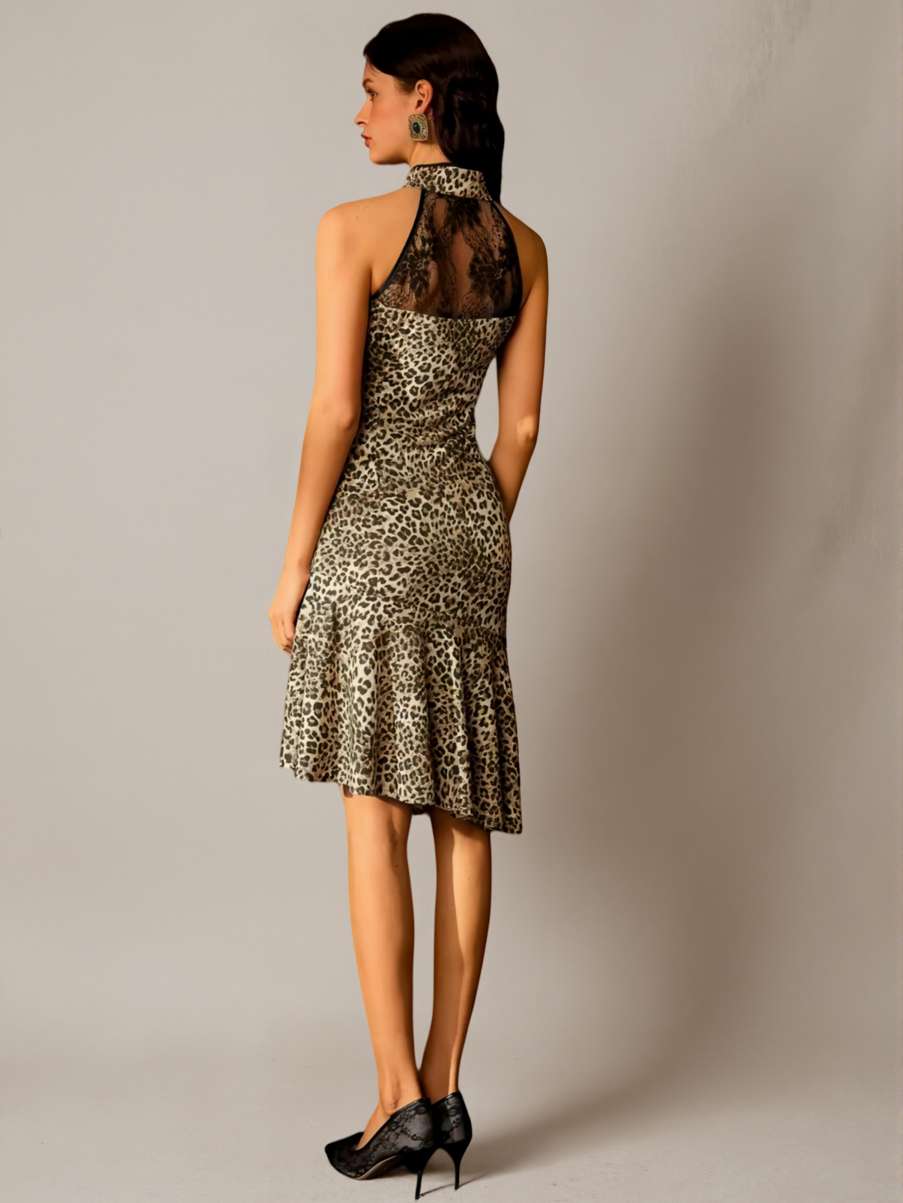 Leopard Print Jacquard Lace Hollow Chinese-Style Qipao Dress