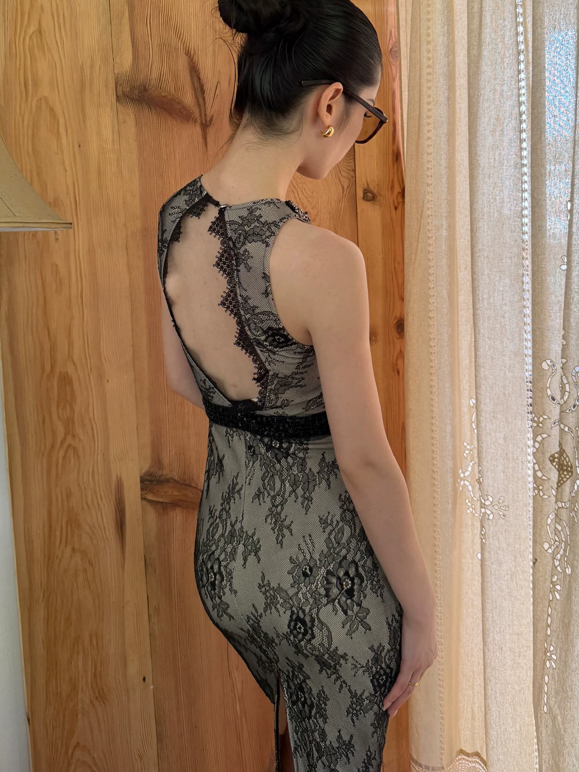 Black cut-out lace embroidered dress