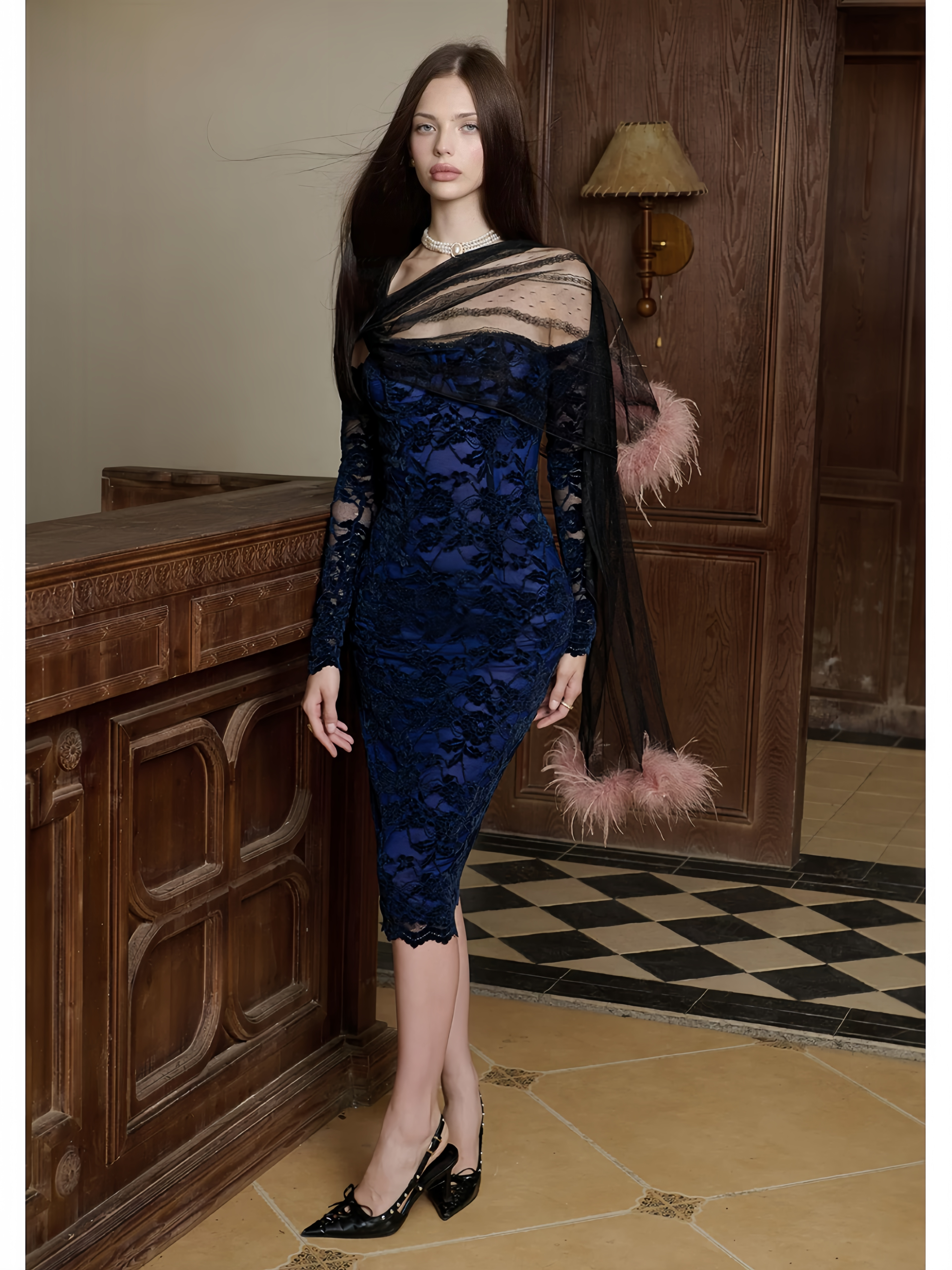 Lace Velvet Off-Shoulder Strapless Dress