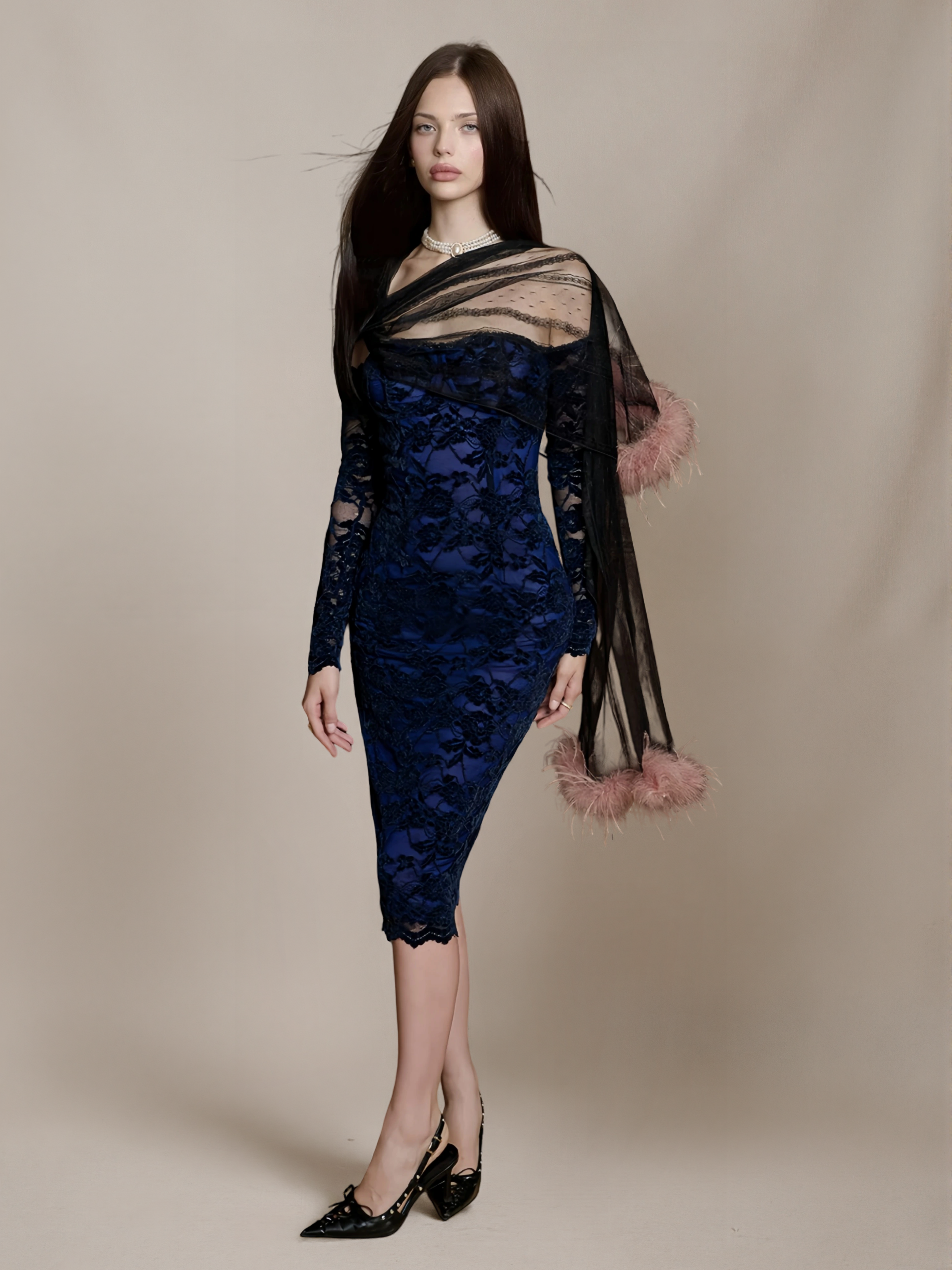 Lace Velvet Off-Shoulder Strapless Dress