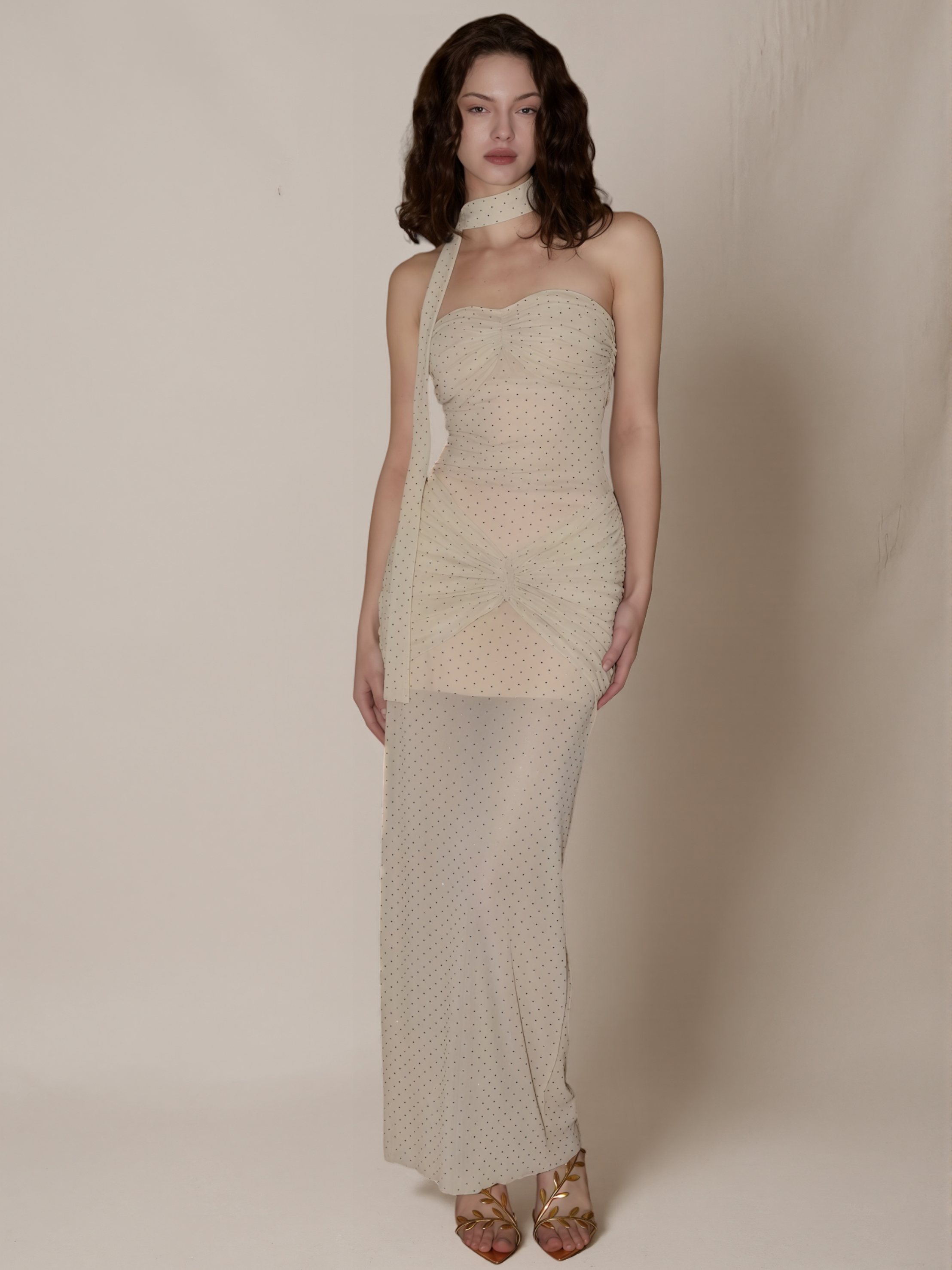 Sequin Mesh Cross-Pleated Design Strapless Dress