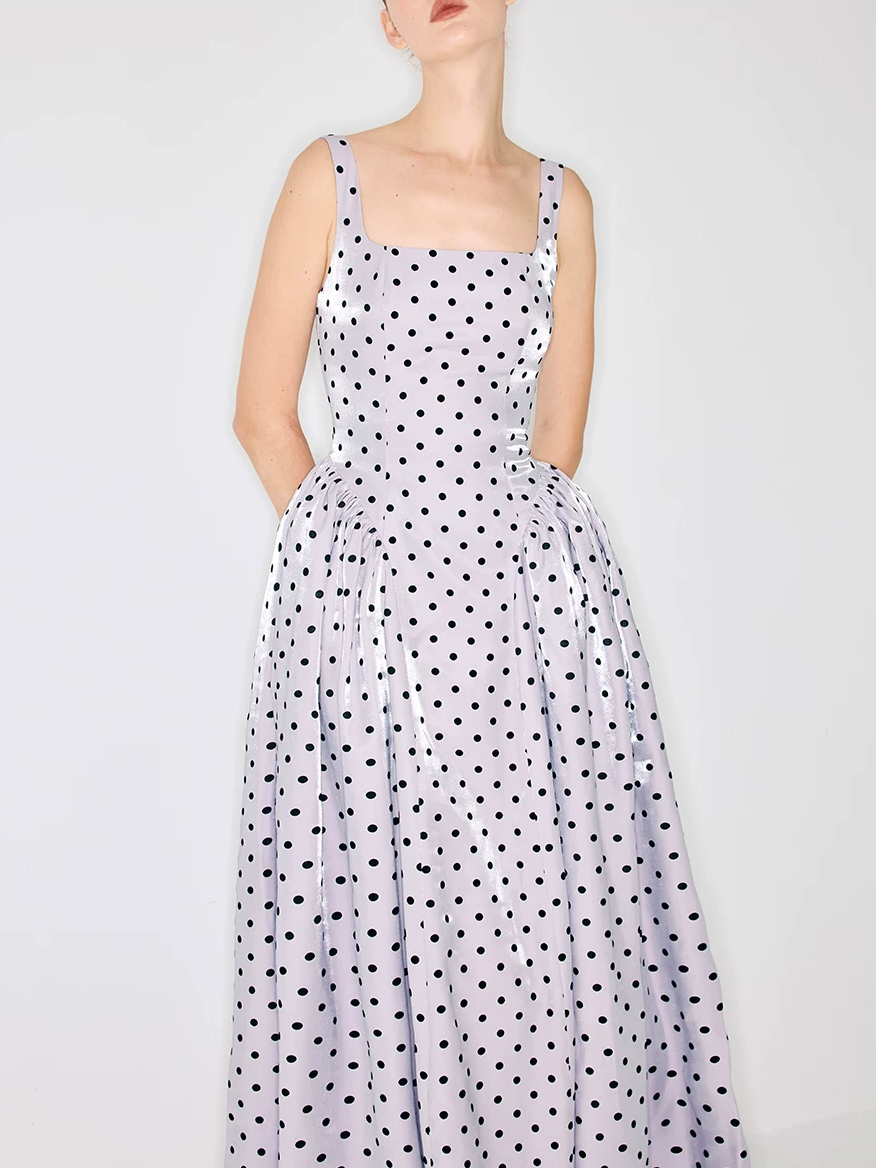 Square-Neck Flocked Polka Dot Dress