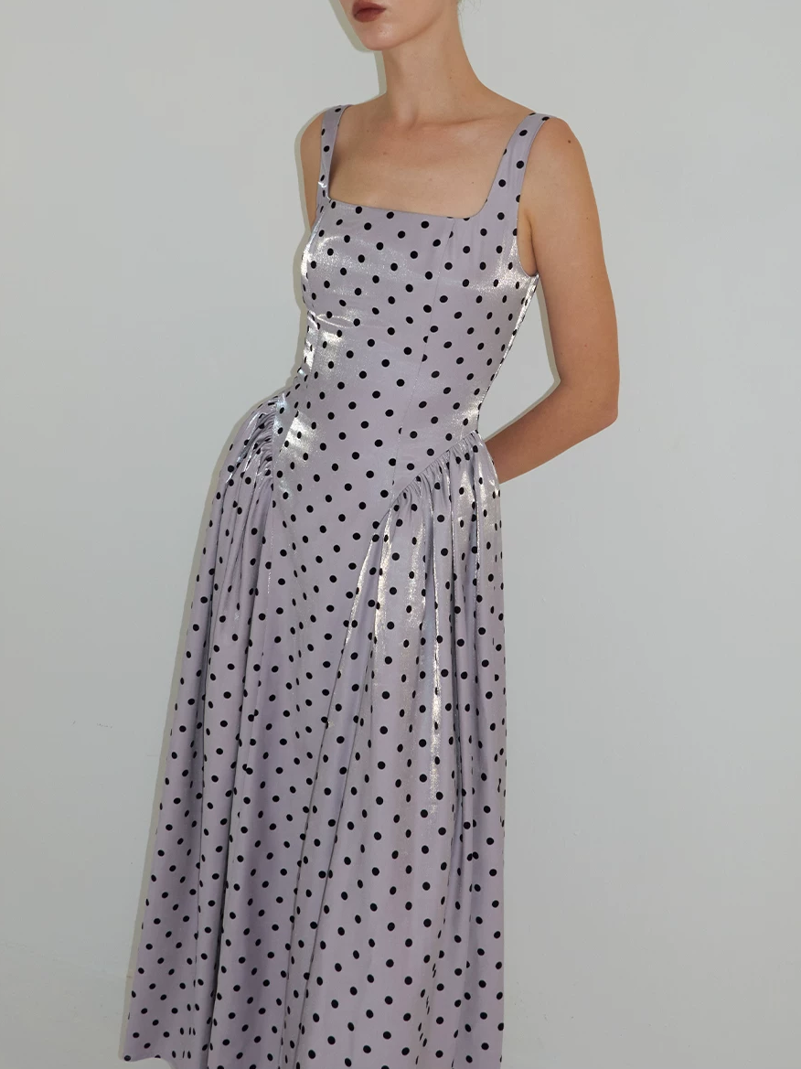 Square-Neck Flocked Polka Dot Dress