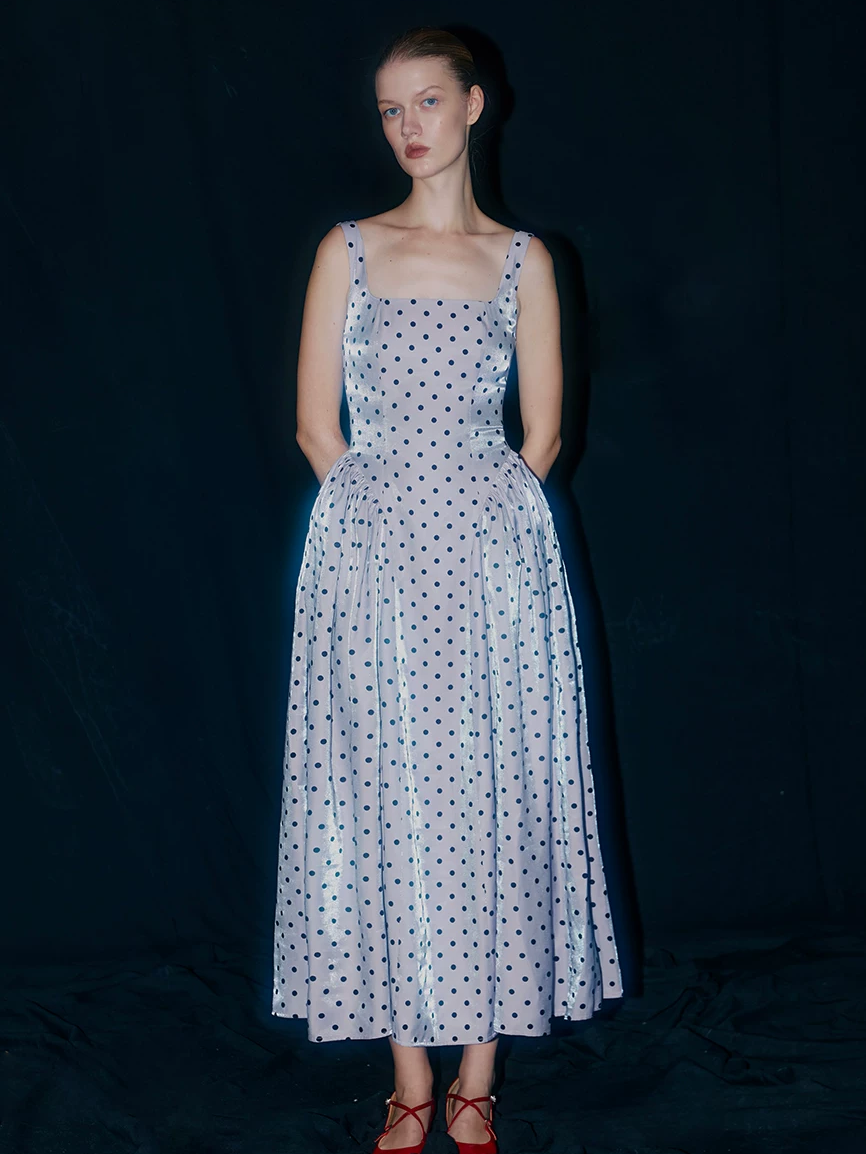 Square-Neck Flocked Polka Dot Dress