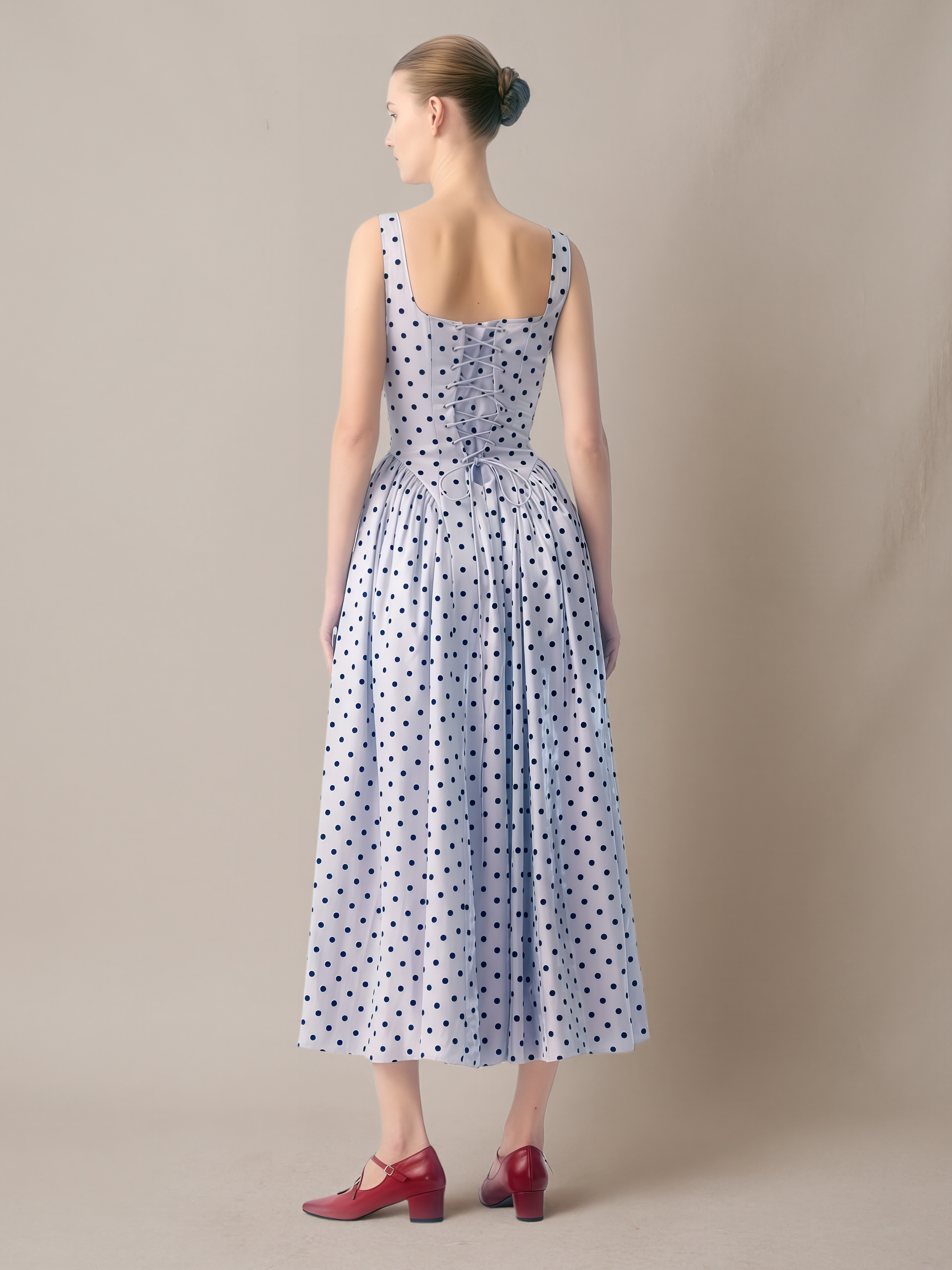 Square-Neck Flocked Polka Dot Dress