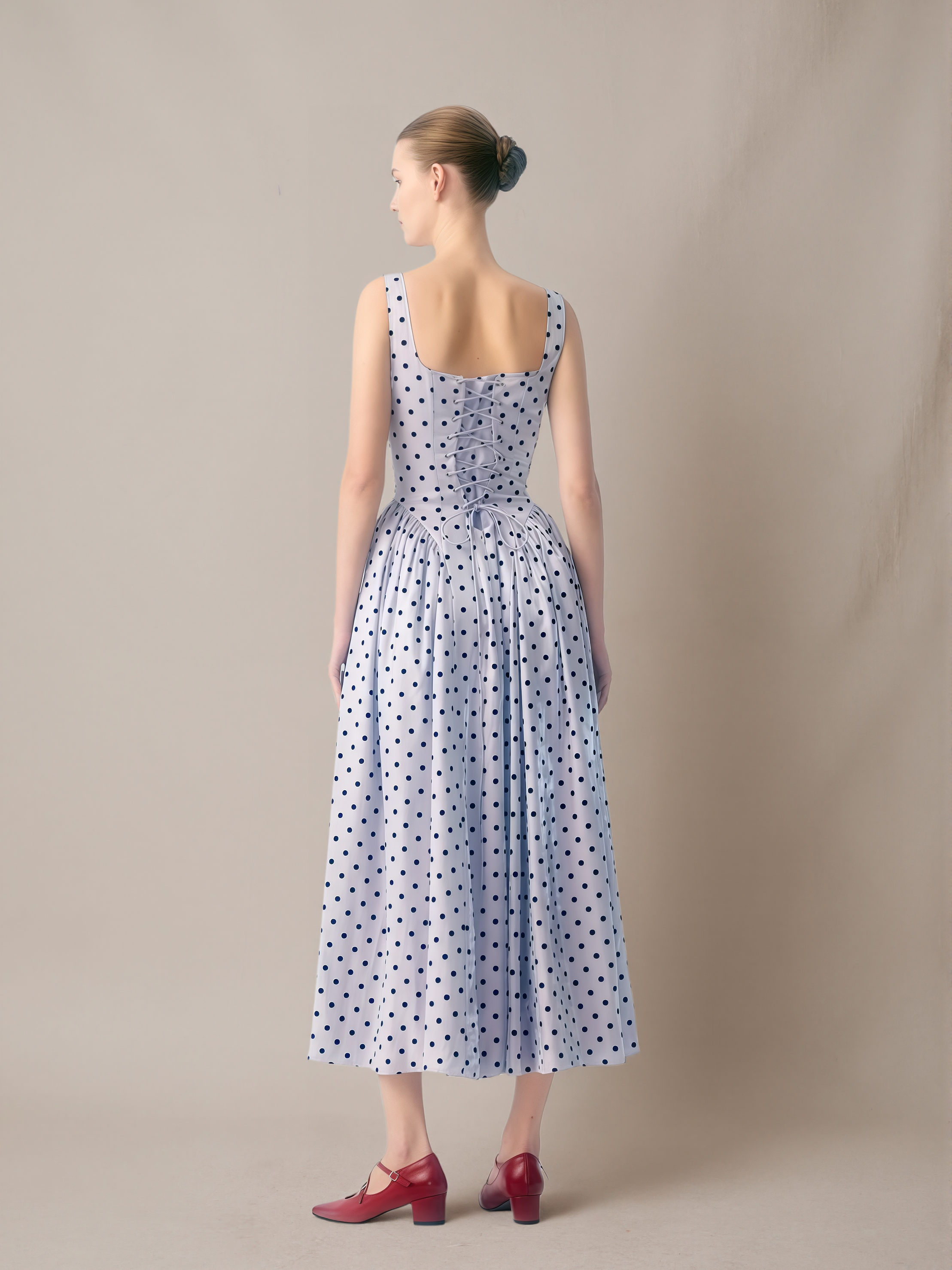 Square-Neck Flocked Polka Dot Dress
