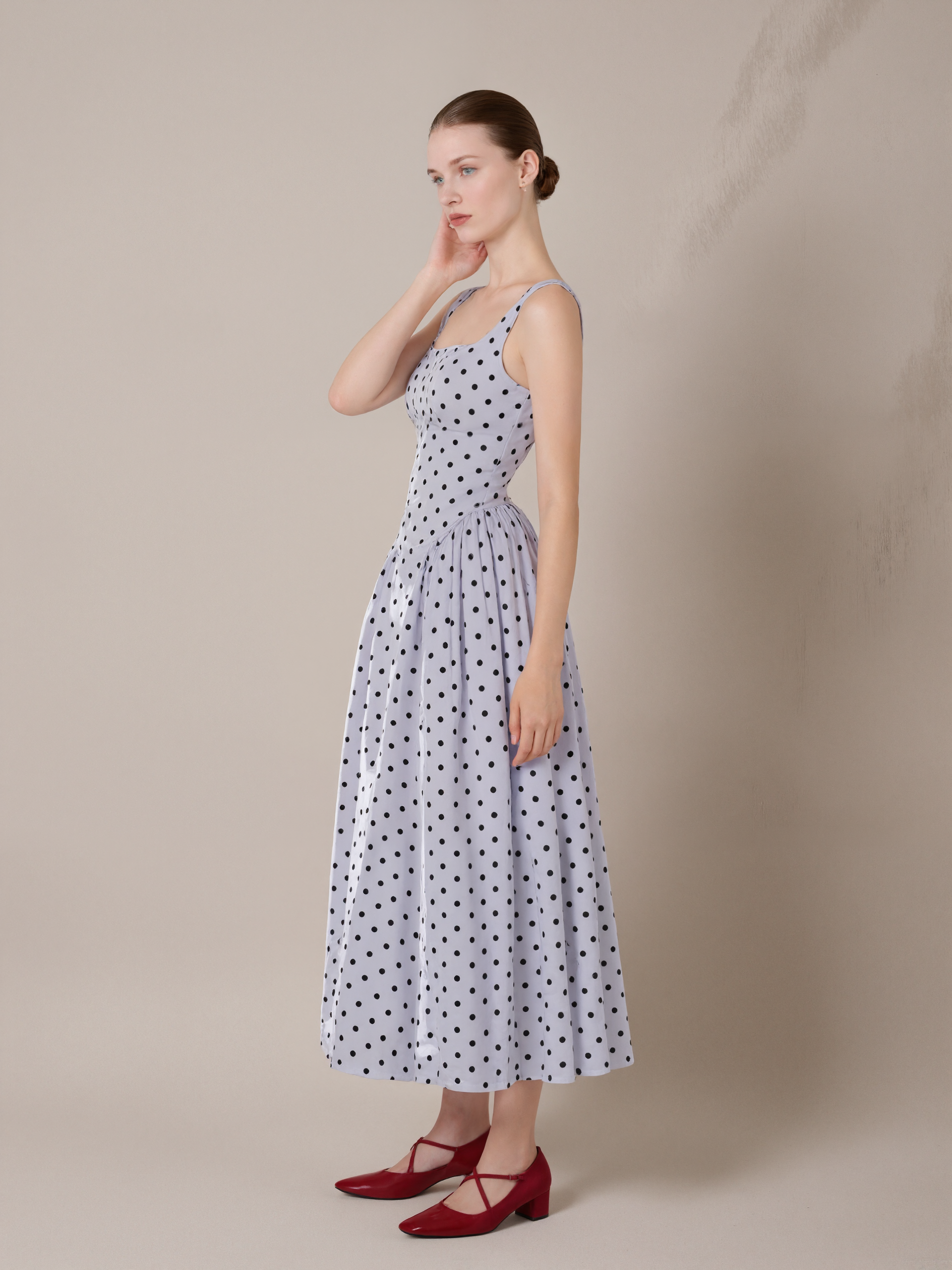 Square-Neck Flocked Polka Dot Dress