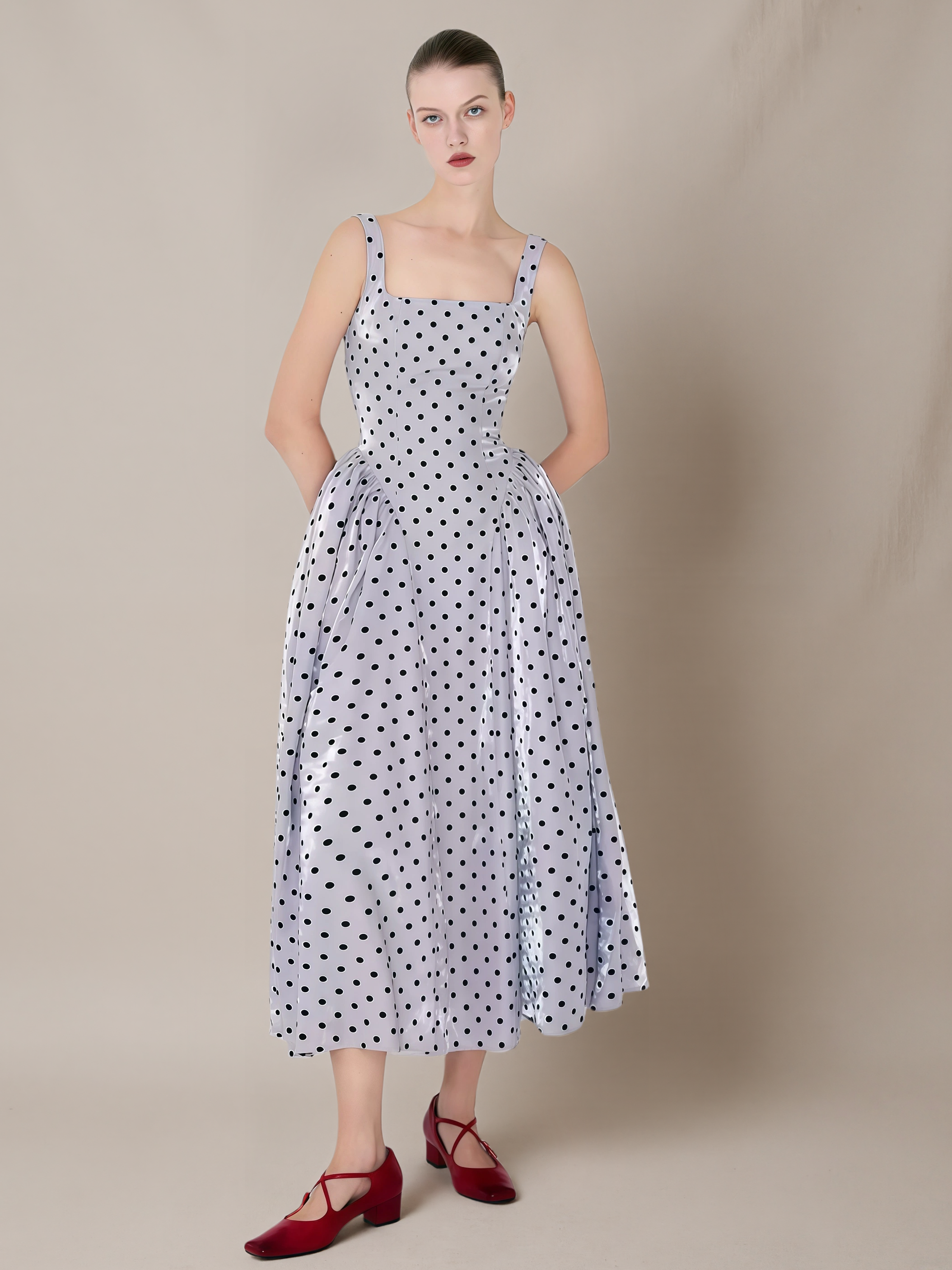 Square-Neck Flocked Polka Dot Dress