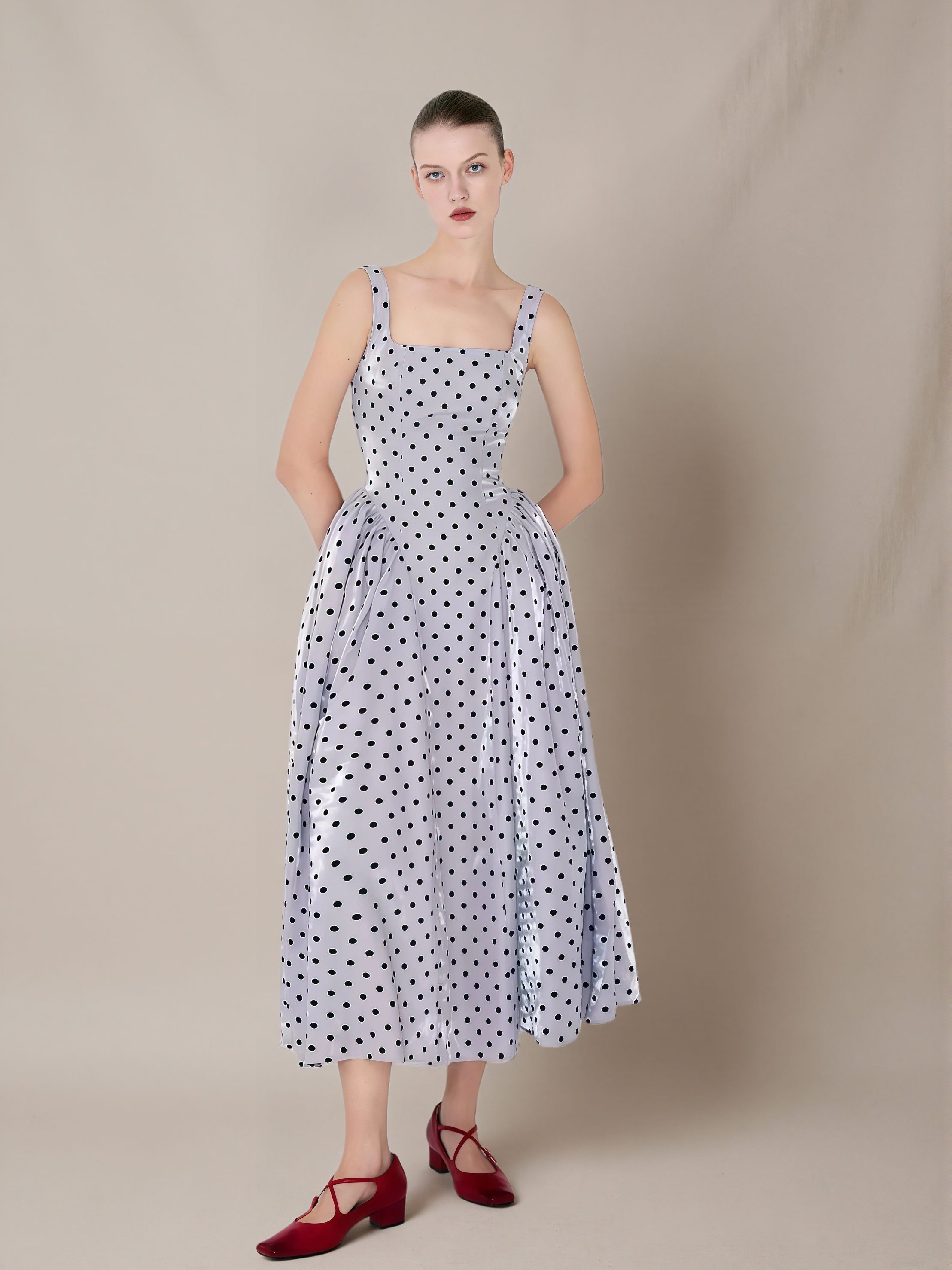 Square-Neck Flocked Polka Dot Dress