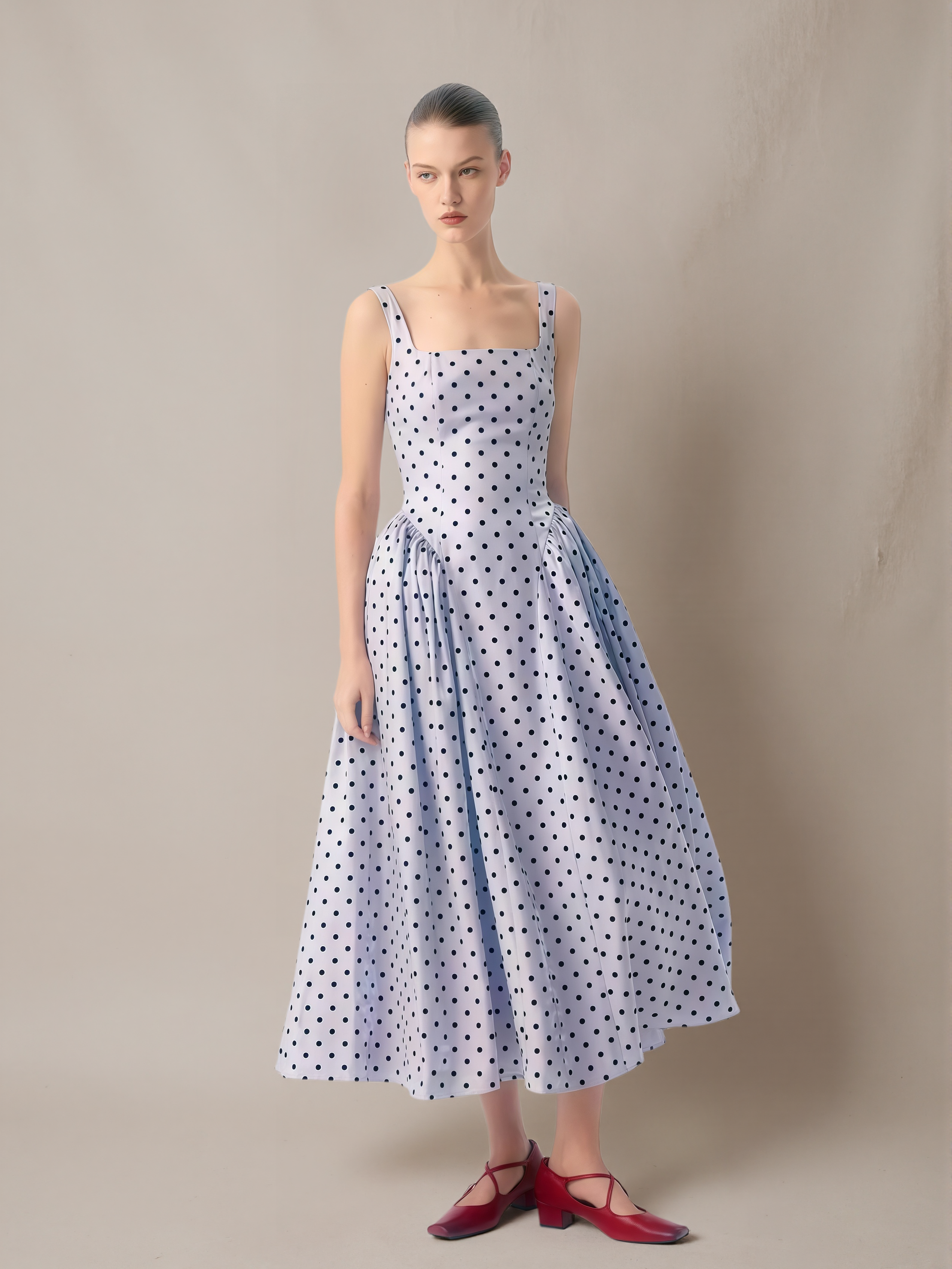 Square-Neck Flocked Polka Dot Dress