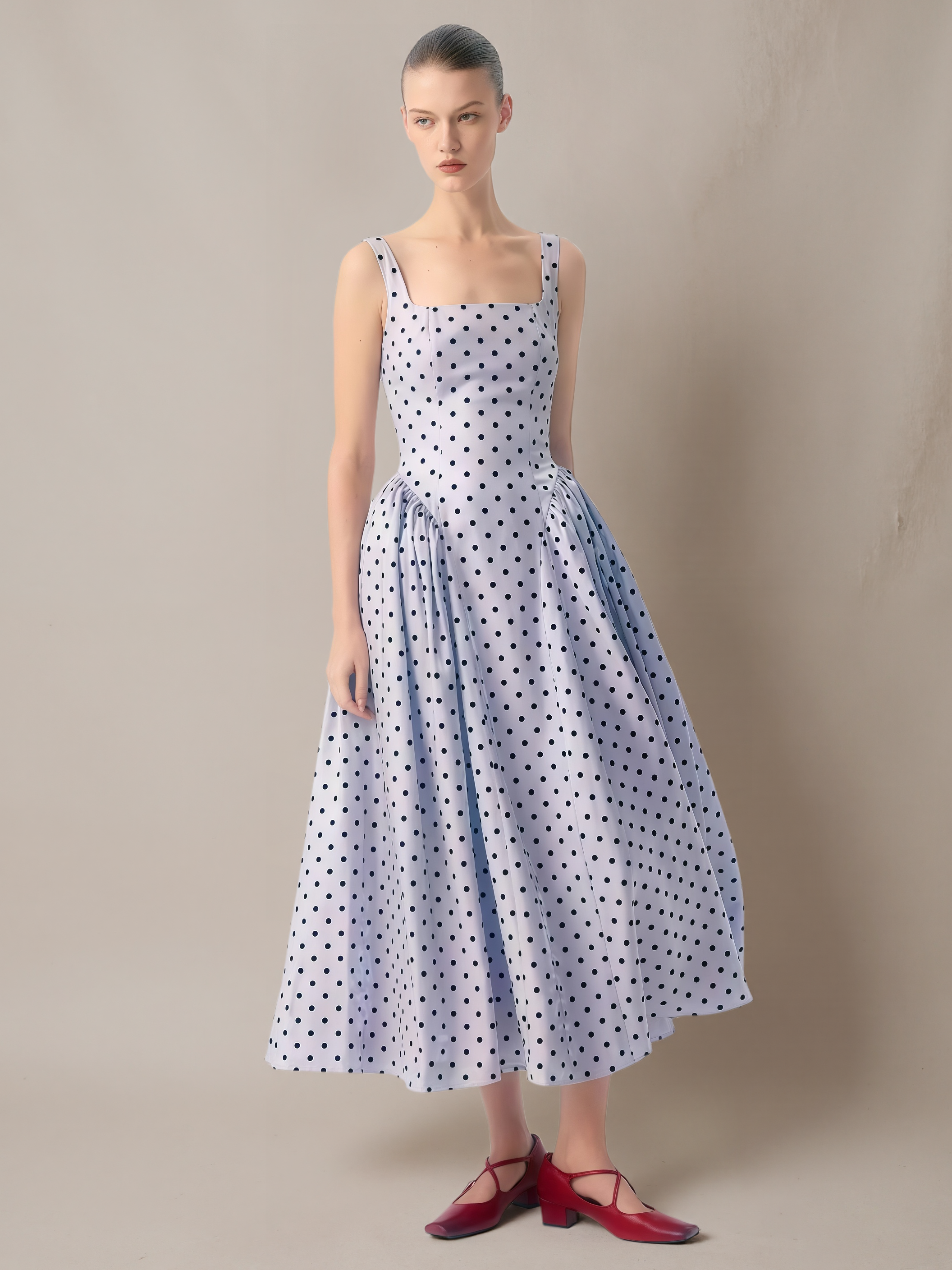 Square-Neck Flocked Polka Dot Dress