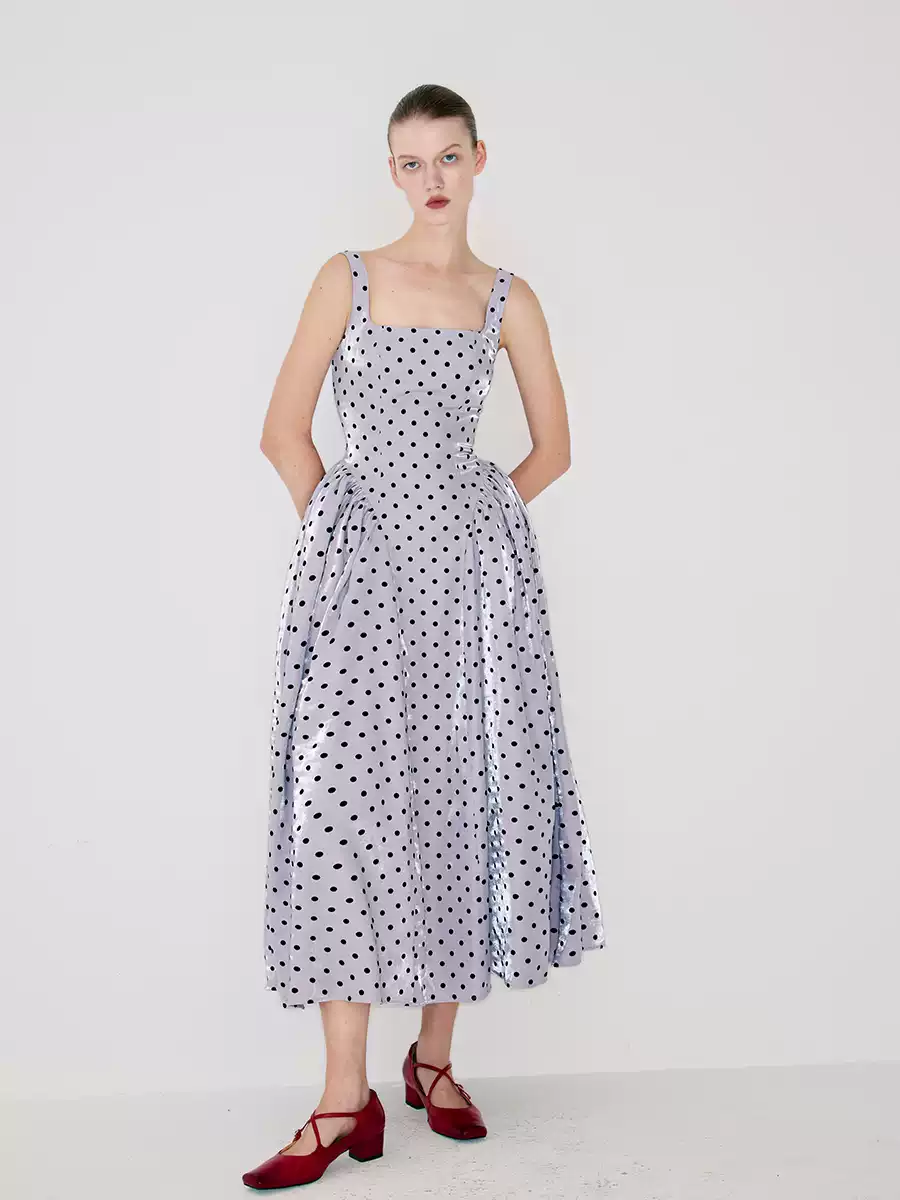 Square-Neck Flocked Polka Dot Dress