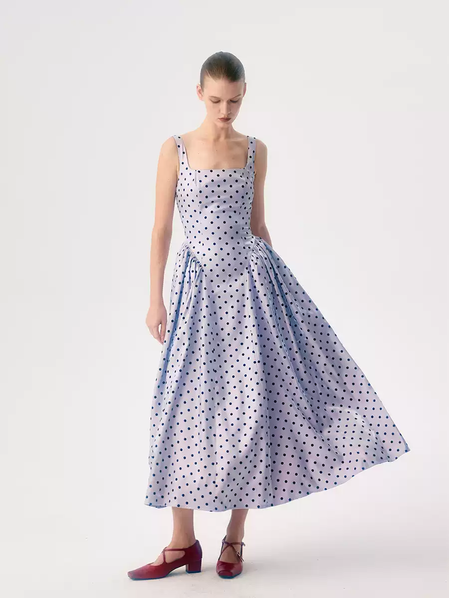 Square-Neck Flocked Polka Dot Dress