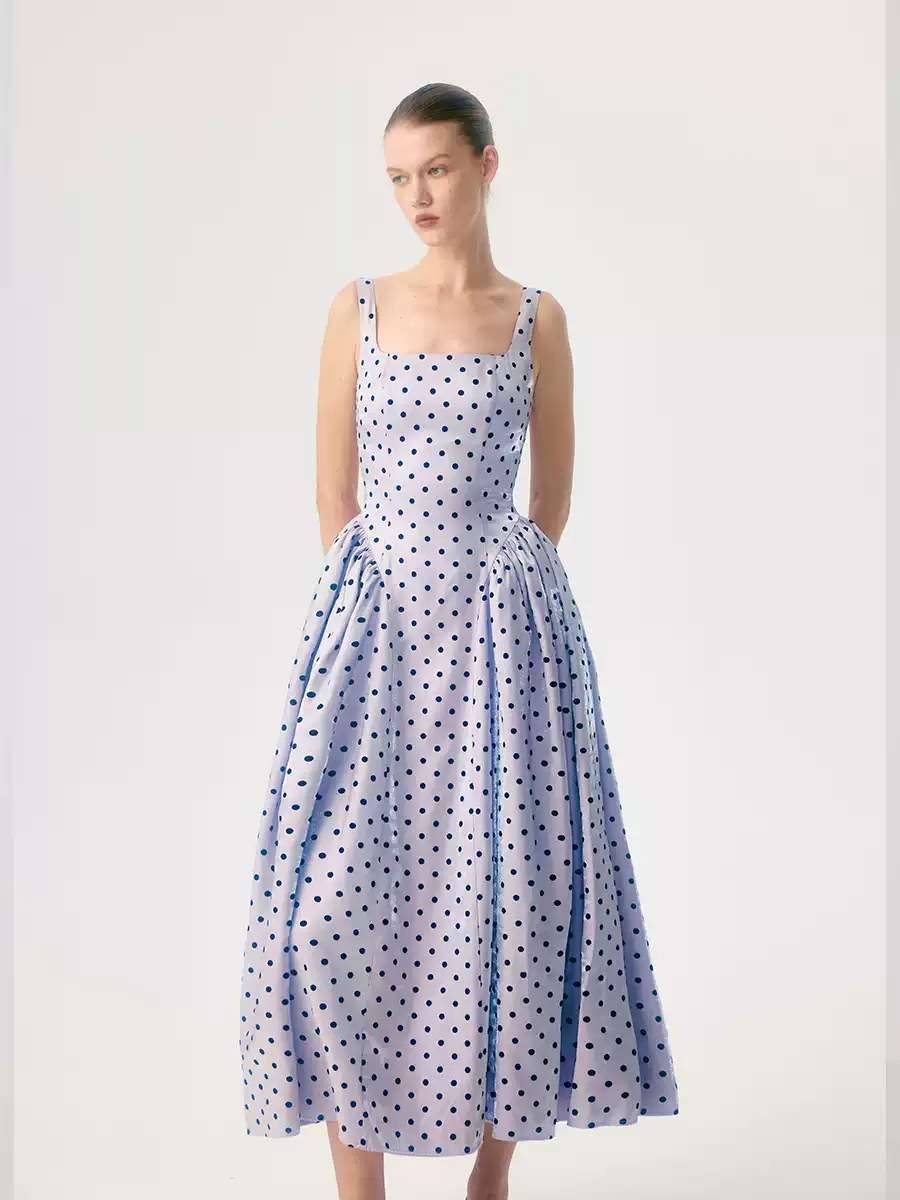 Square-Neck Flocked Polka Dot Dress