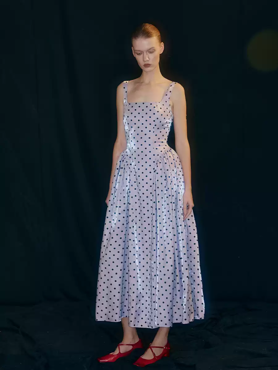 Square-Neck Flocked Polka Dot Dress