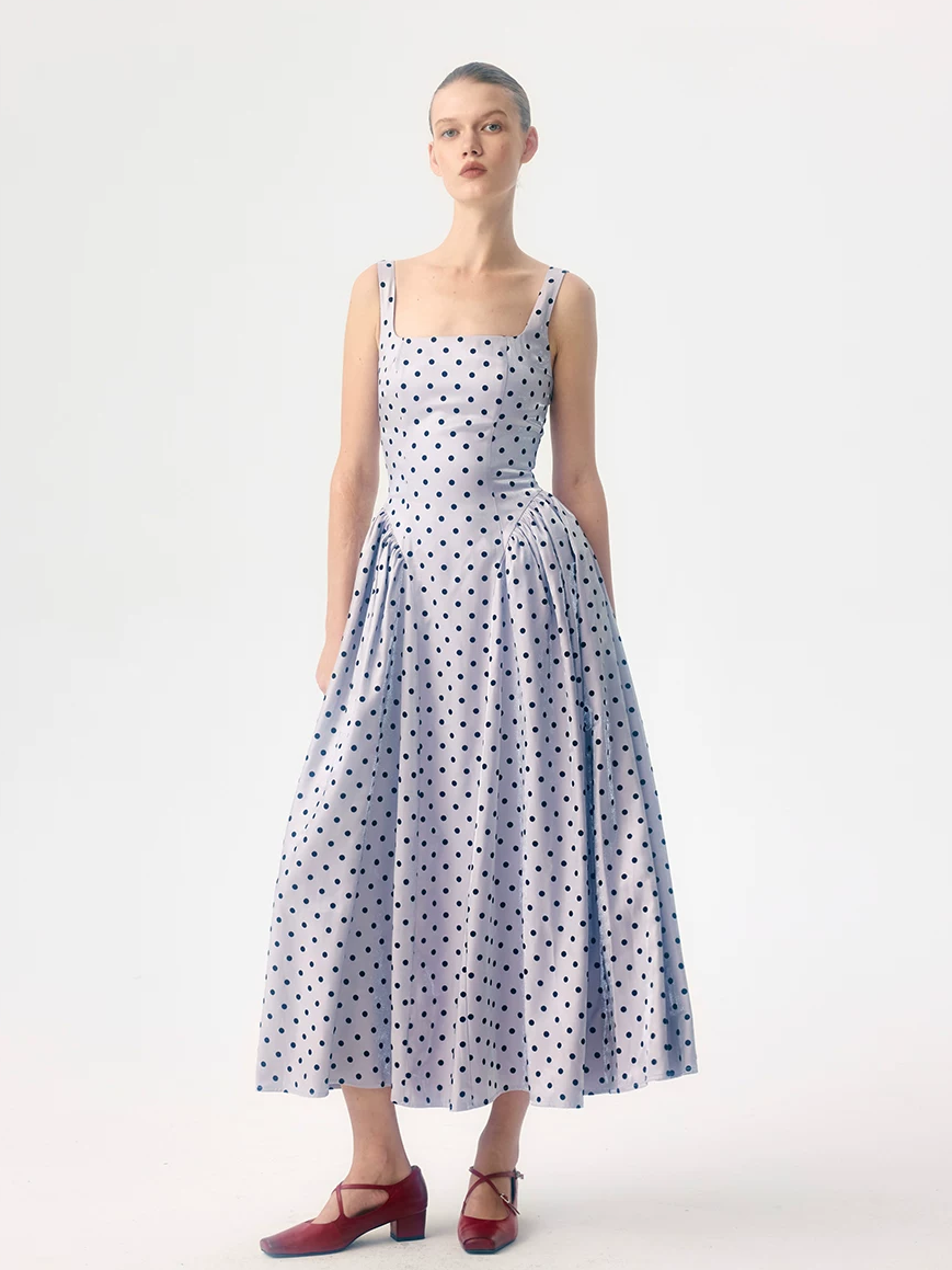Square-Neck Flocked Polka Dot Dress