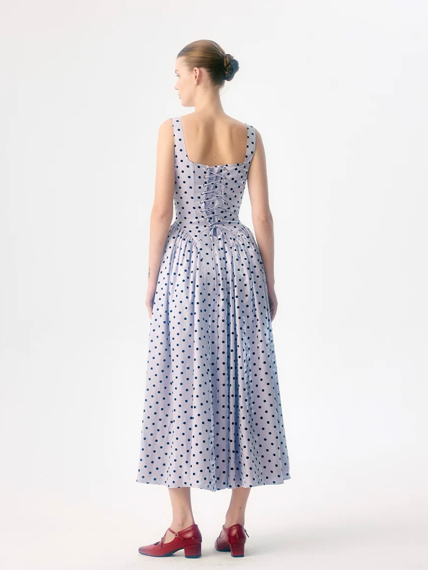 Square-Neck Flocked Polka Dot Dress