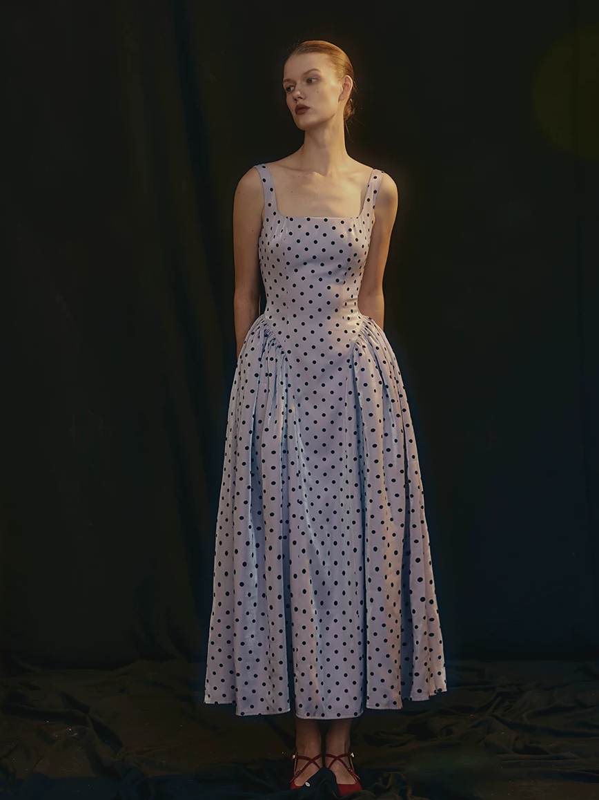 Square-Neck Flocked Polka Dot Dress