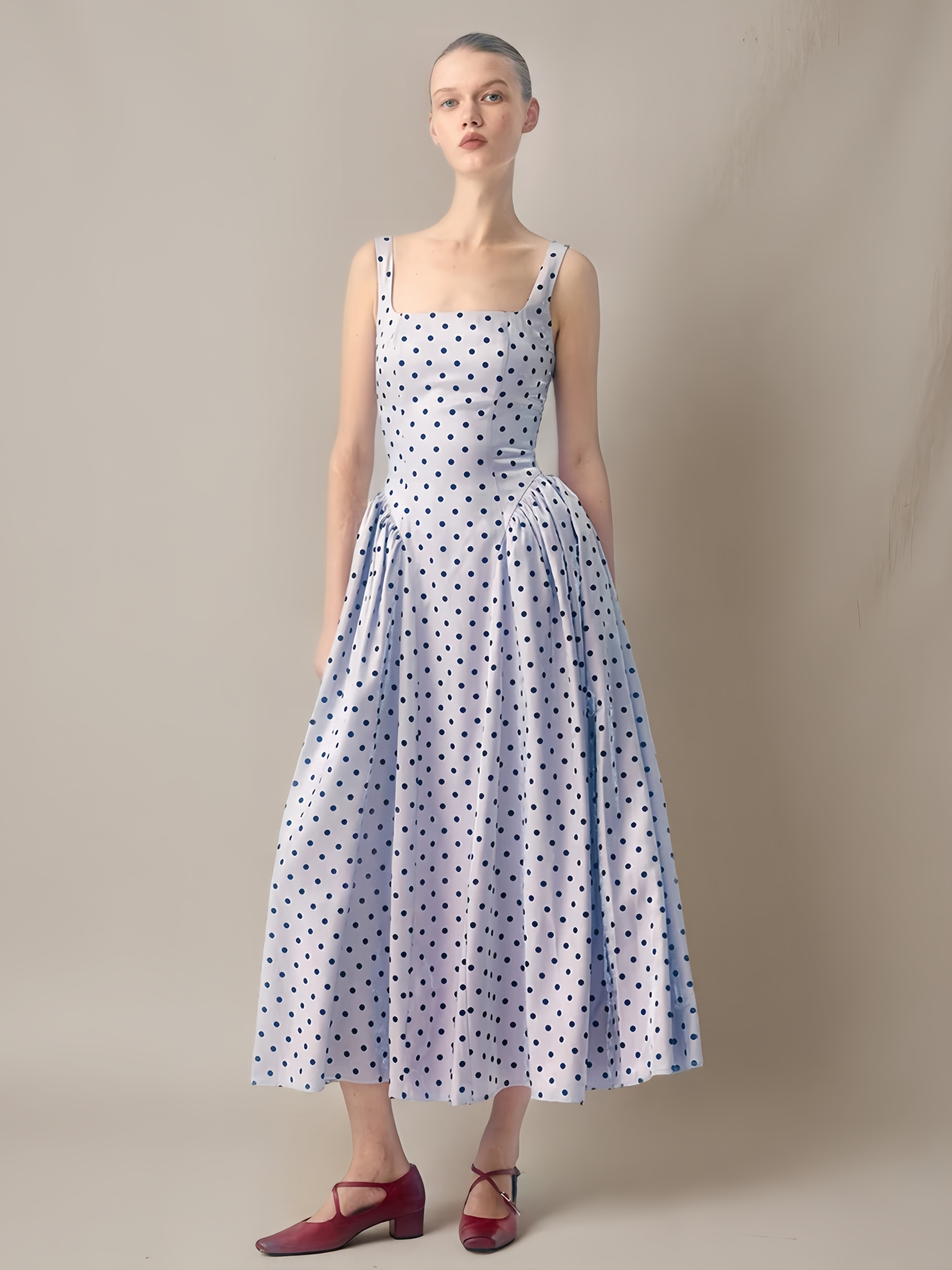 Square-Neck Flocked Polka Dot Dress