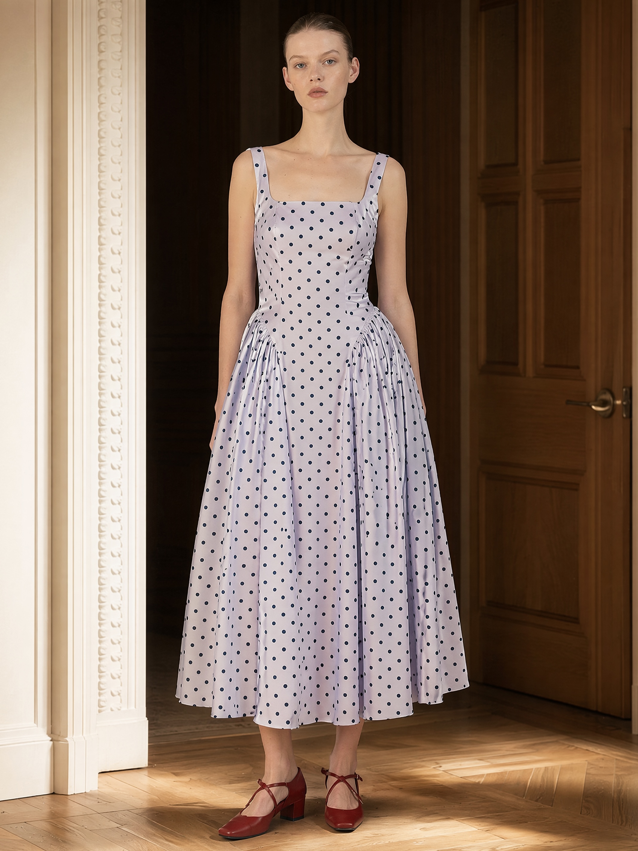Square-Neck Flocked Polka Dot Dress