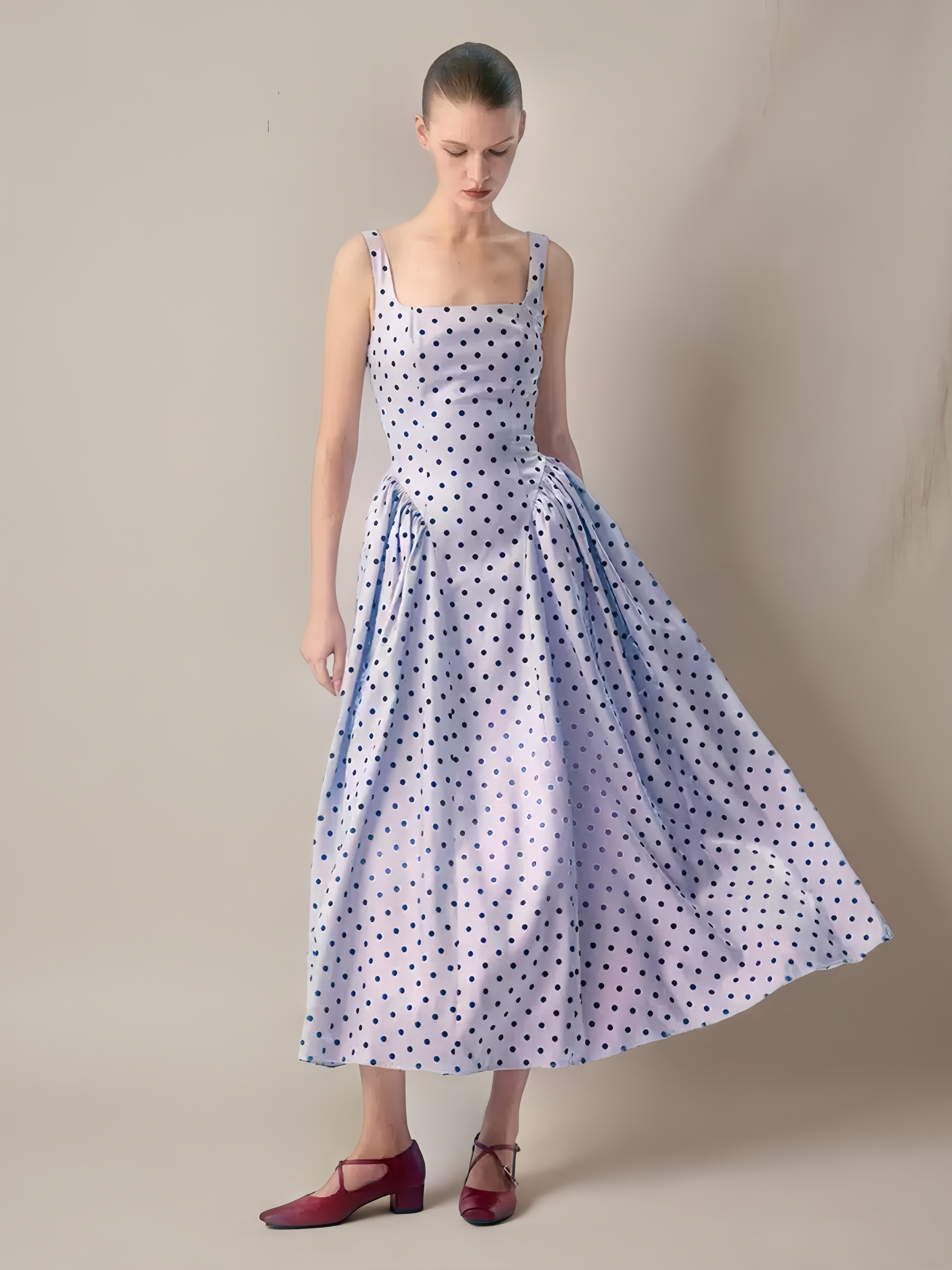 Square-Neck Flocked Polka Dot Dress