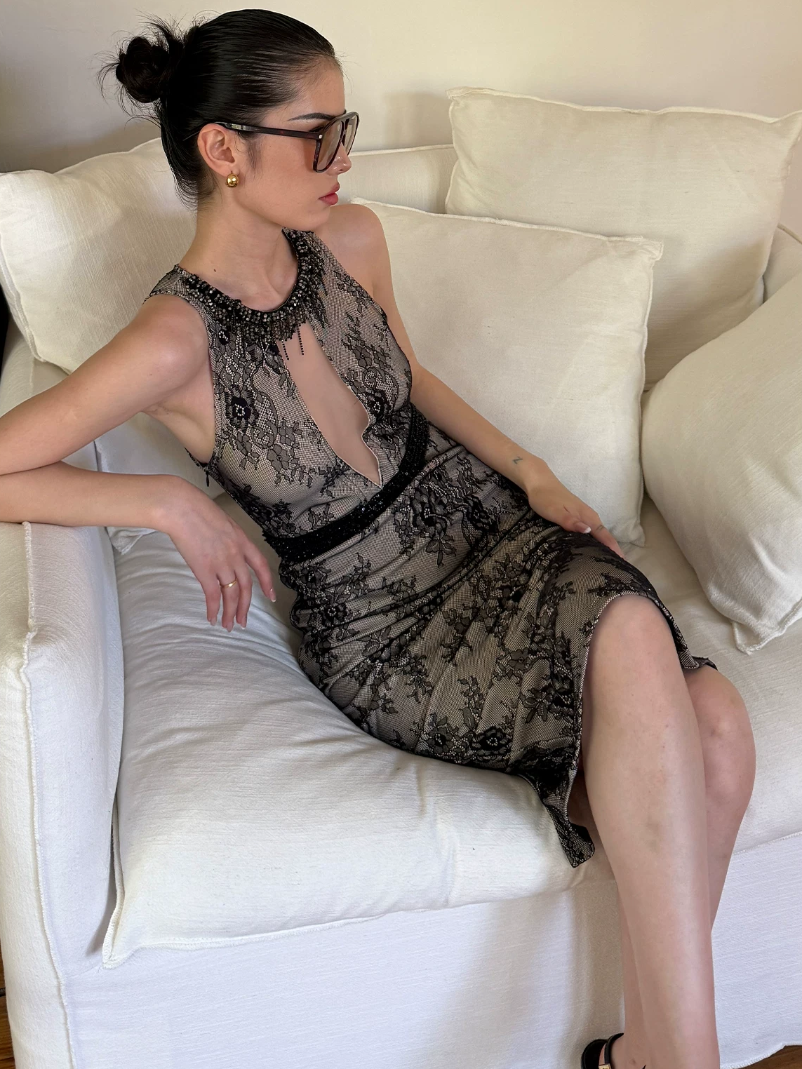 Black cut-out lace embroidered dress